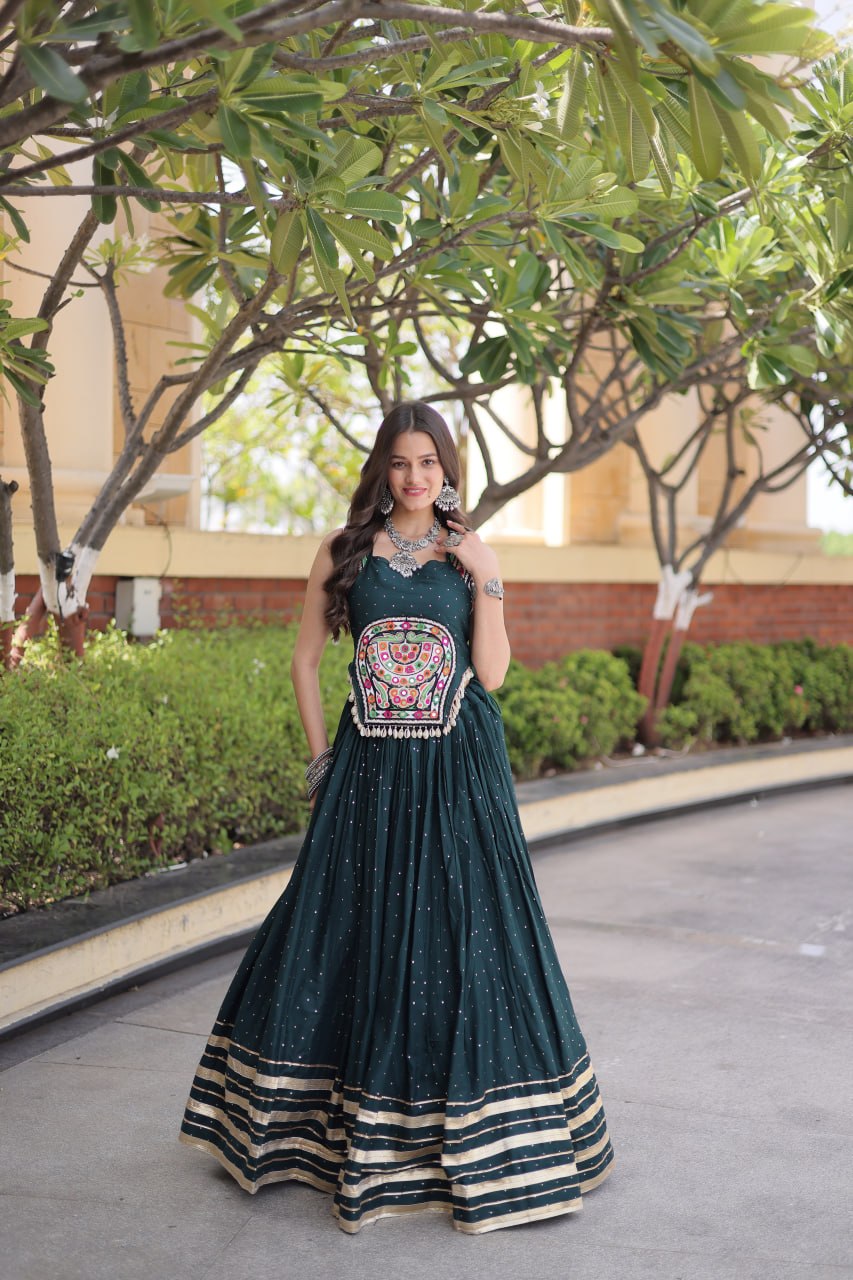 Bottle Green Rayon Lehenga Choli with Mukesh & Gamthi Mirror Work