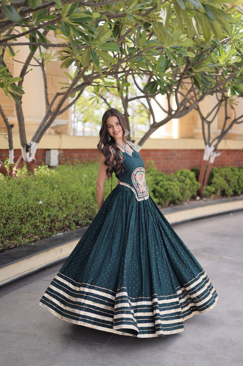 Bottle Green Rayon Lehenga Choli with Mukesh & Gamthi Mirror Work