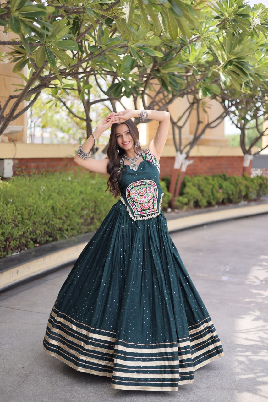 Bottle Green Rayon Lehenga Choli with Mukesh & Gamthi Mirror Work