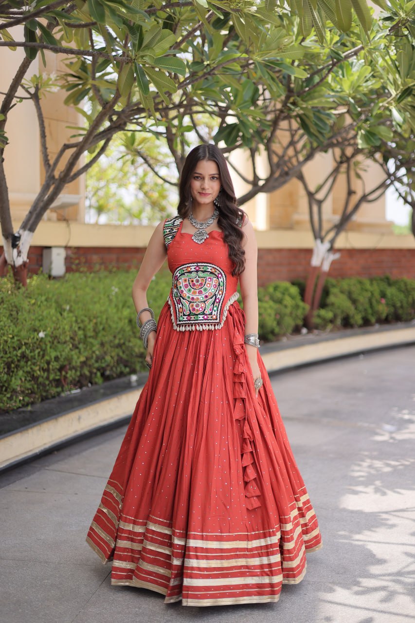 Coral Red Rayon Lehenga Choli with Mukesh & Gamthi Mirror Work