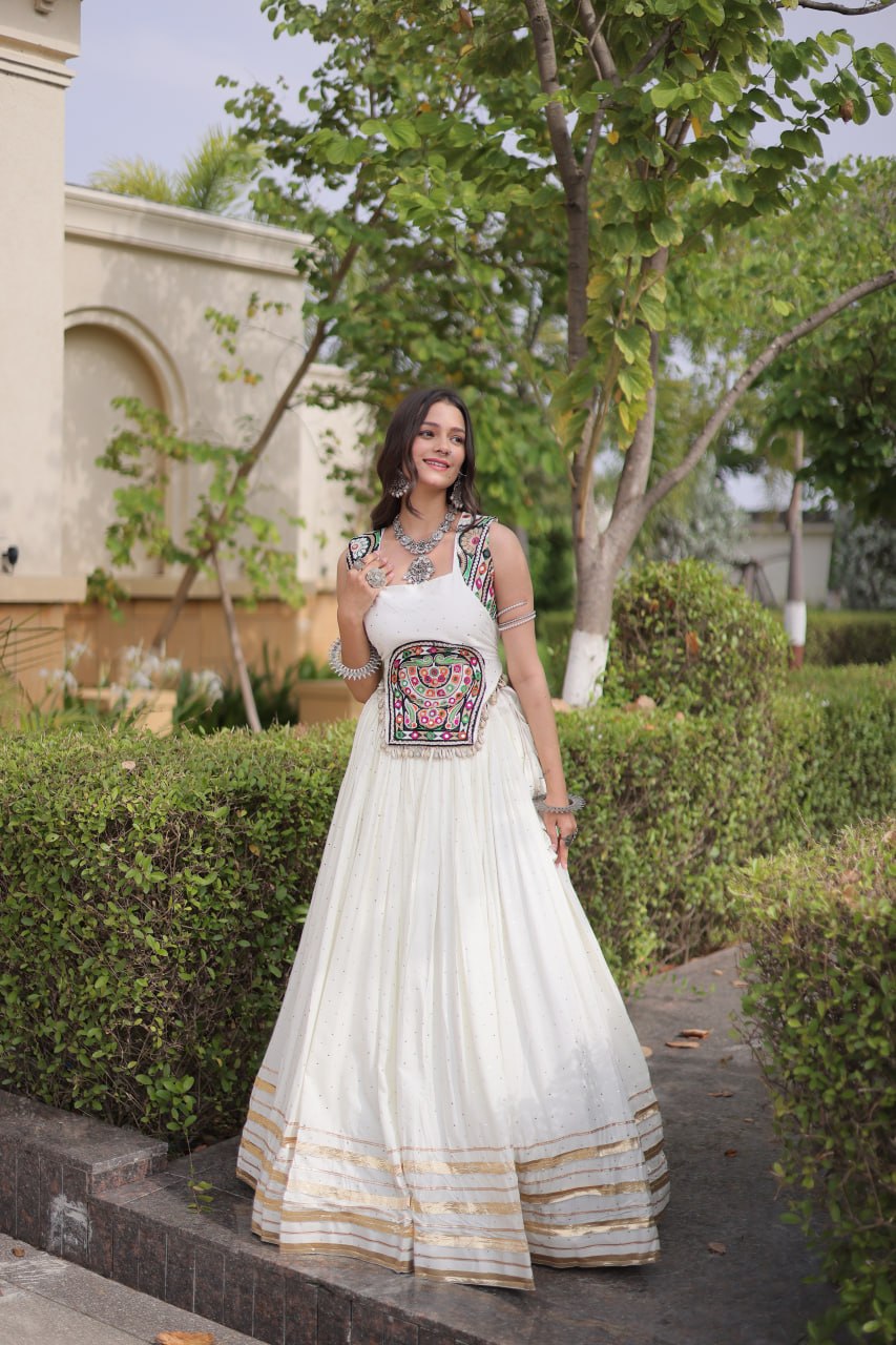 White Rayon Lehenga Choli with Mukesh & Gamthi Mirror Work