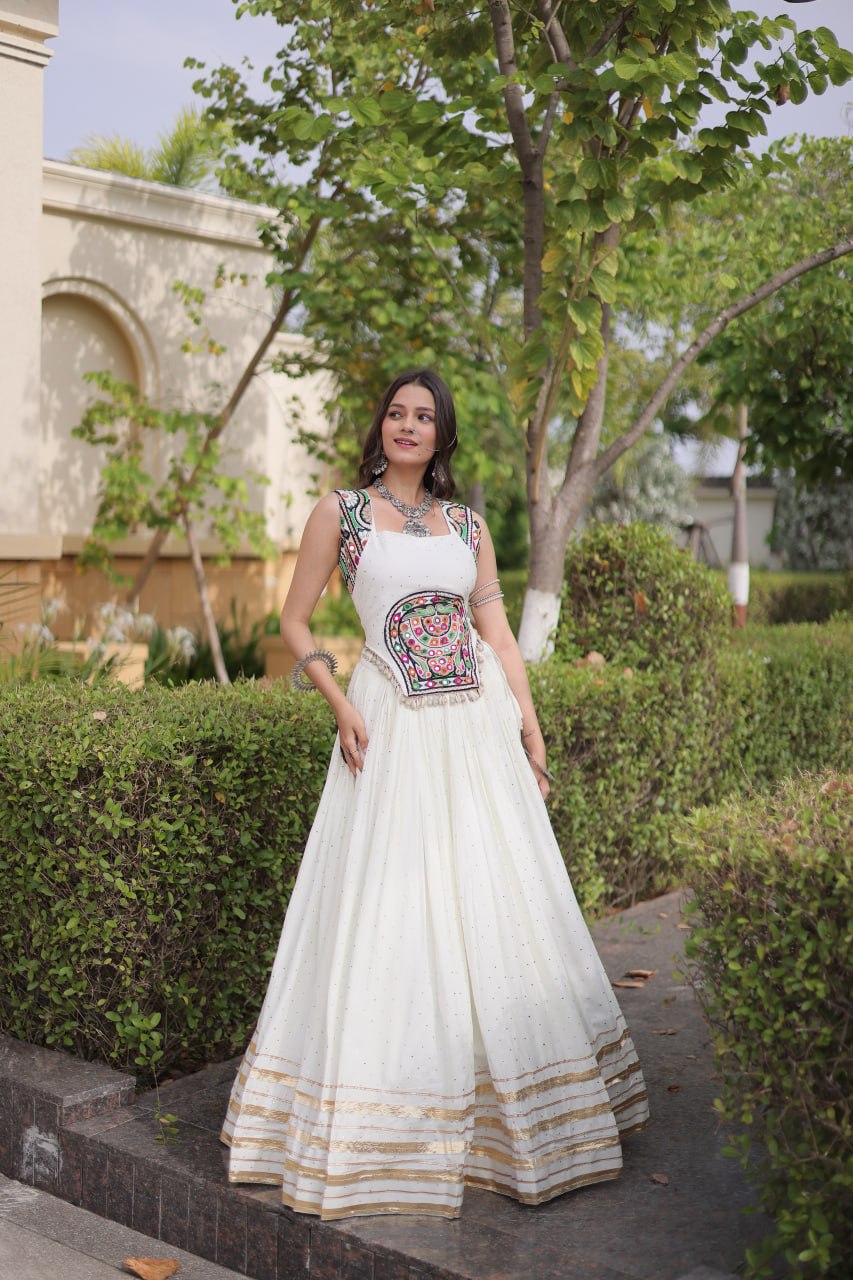 White Rayon Lehenga Choli with Mukesh & Gamthi Mirror Work