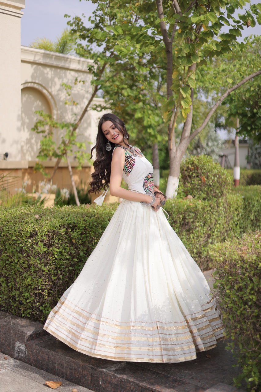 White Rayon Lehenga Choli with Mukesh & Gamthi Mirror Work
