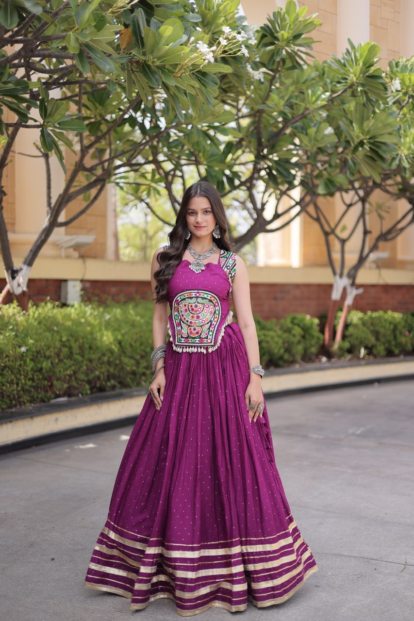 Wine Magenta Rayon Lehenga Choli with Mukesh & Gamthi Mirror Work