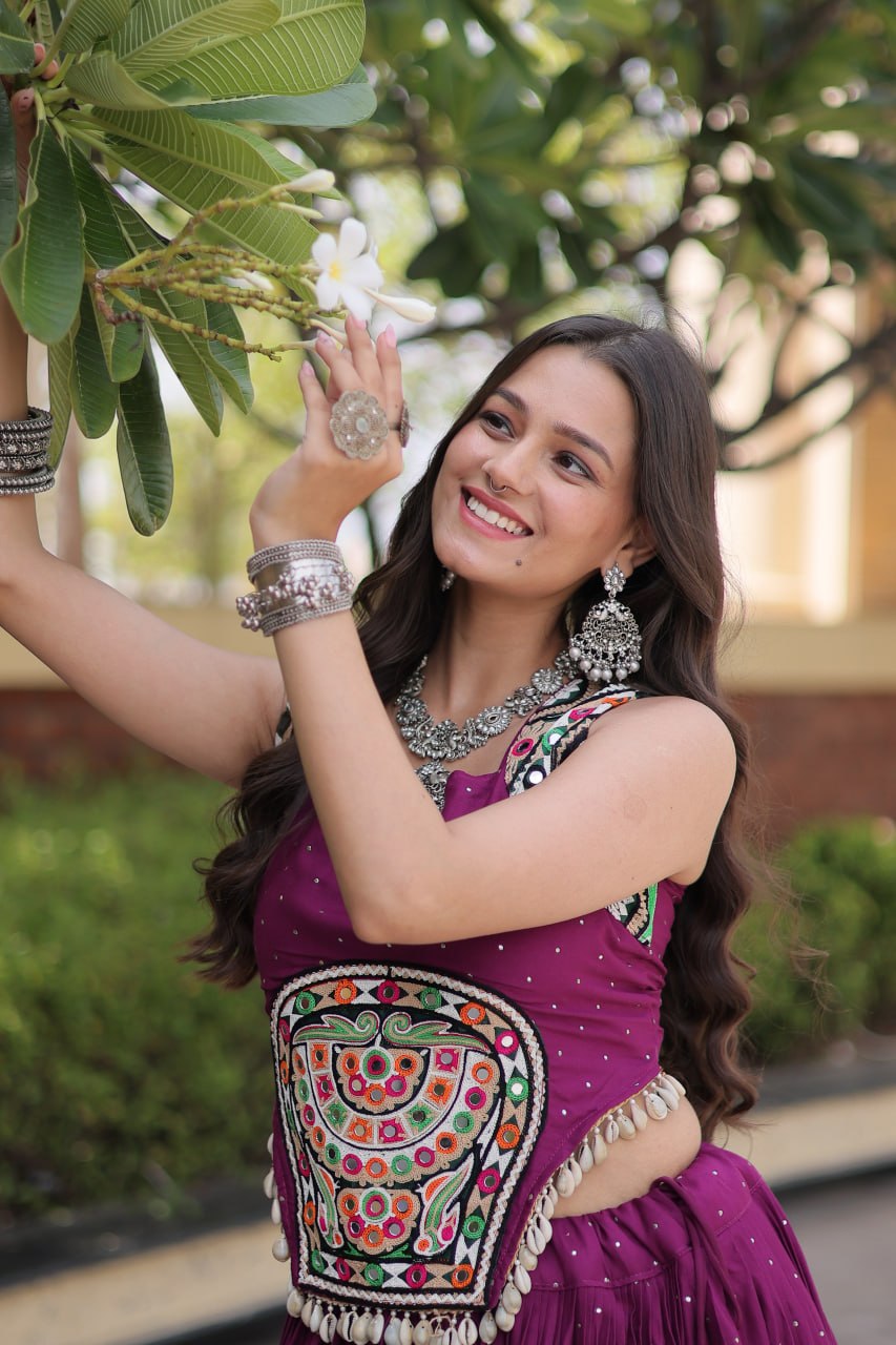 Wine Magenta Rayon Lehenga Choli with Mukesh & Gamthi Mirror Work