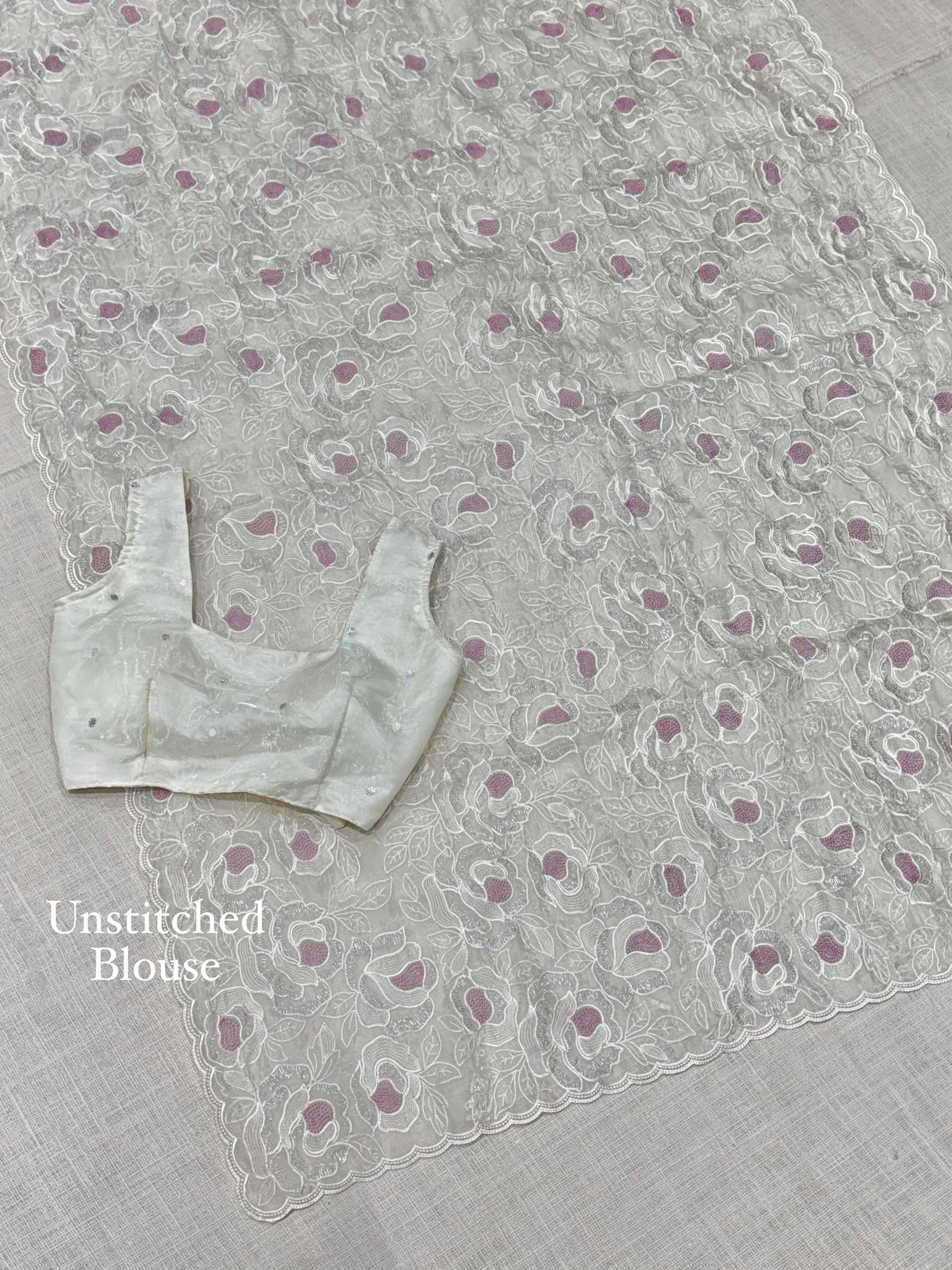 Ivory Beige Chanda Silk Saree with Turkish Embroidery & Sequins