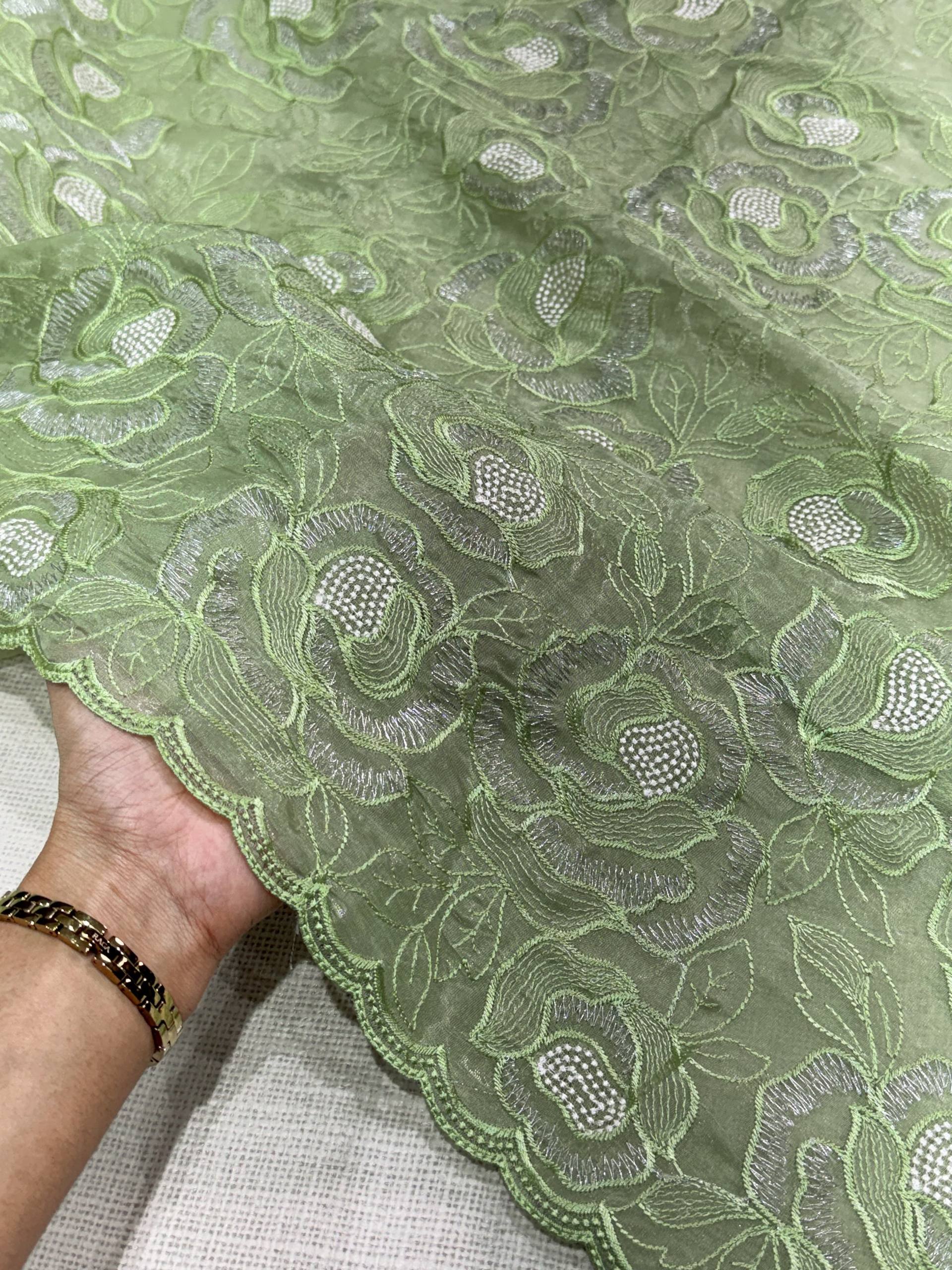 Pistachio Green Chanda Silk Saree with Turkish Floral Embroidery & Sequins