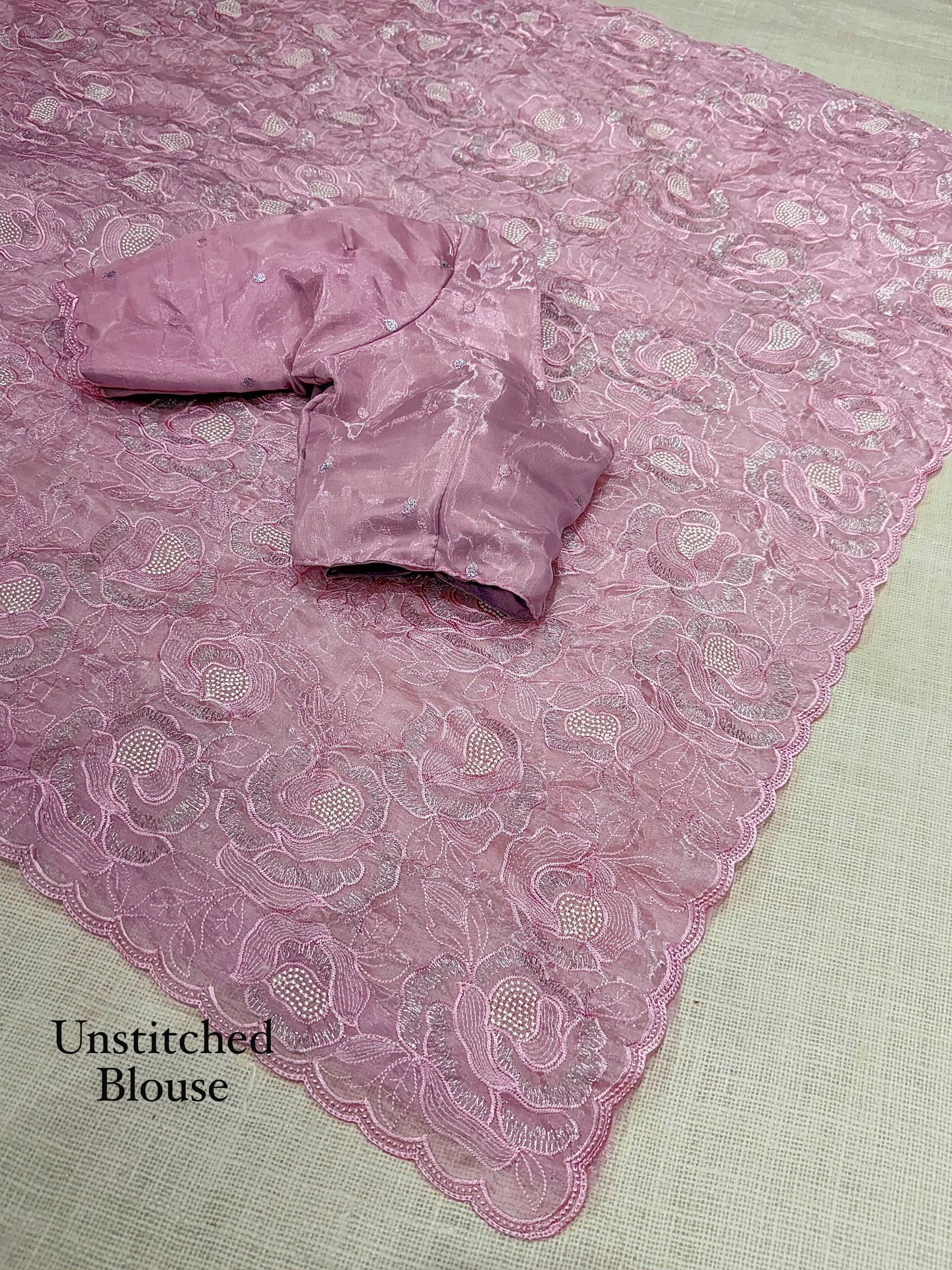Blush Pink Chanda Silk Saree with Turkish Floral Embroidery & Sequins