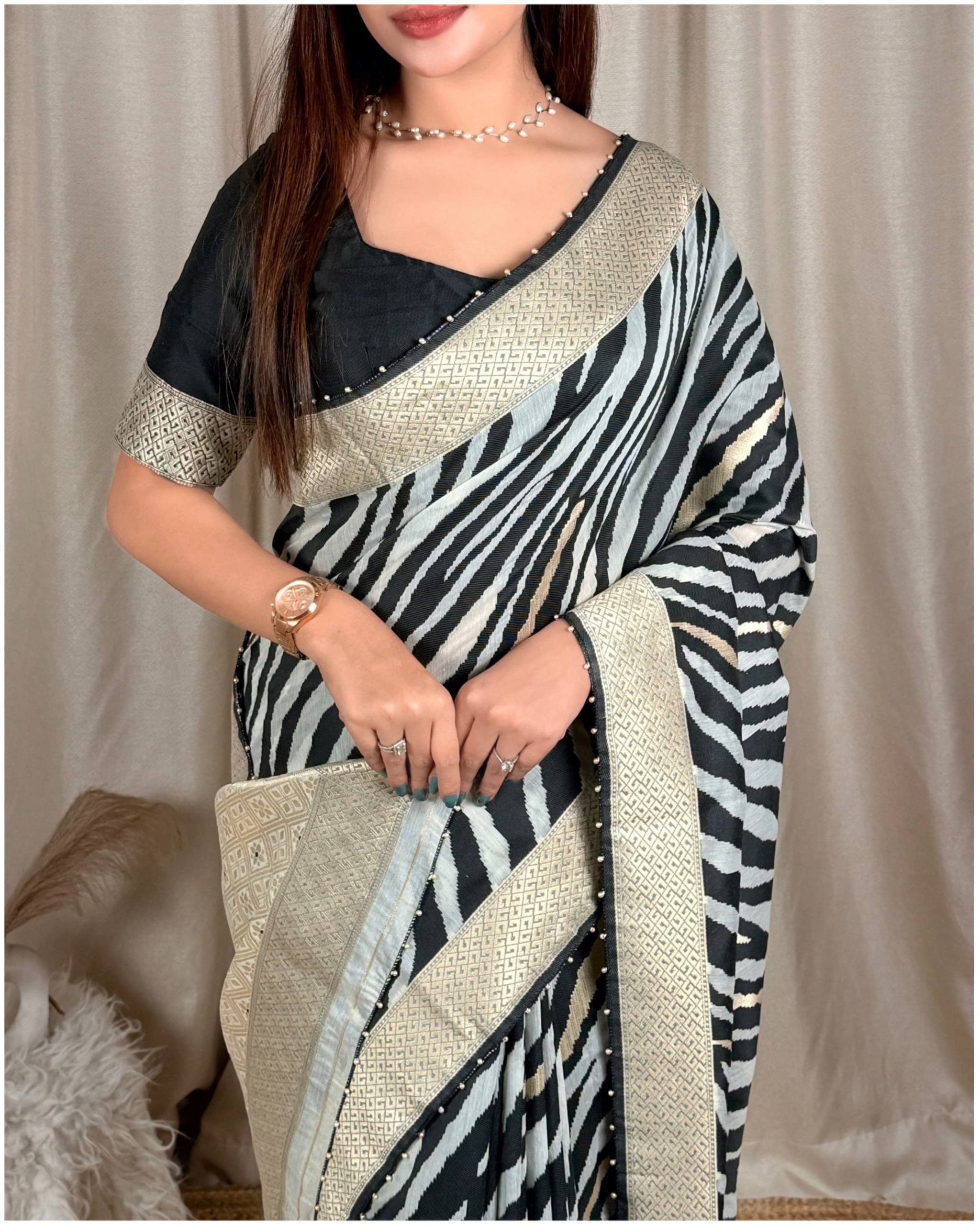 Black & White Turkish Zebra Saree with Zari & Thread Weaving and Pearl Border