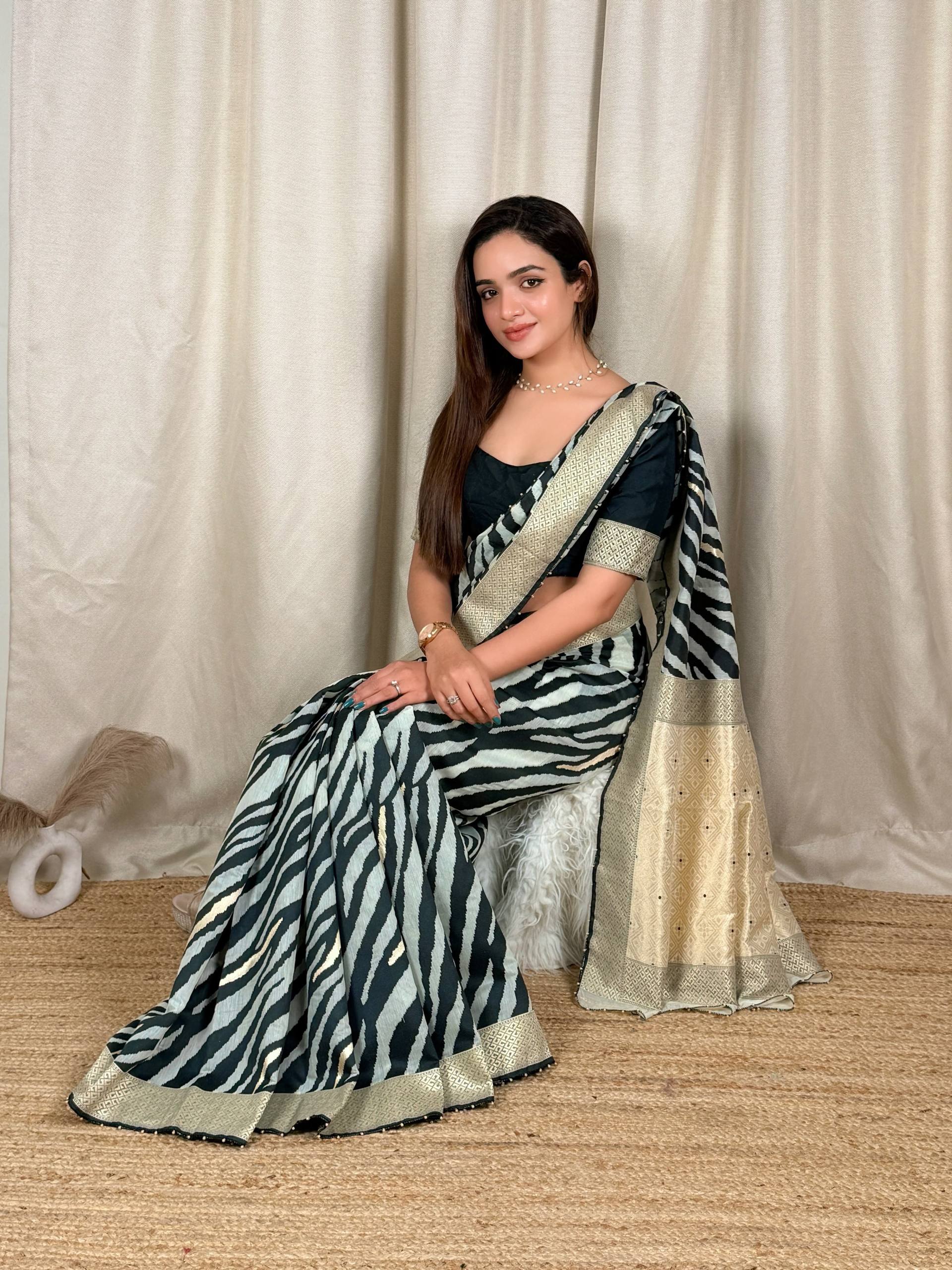 Black & White Turkish Zebra Saree with Zari & Thread Weaving and Pearl Border