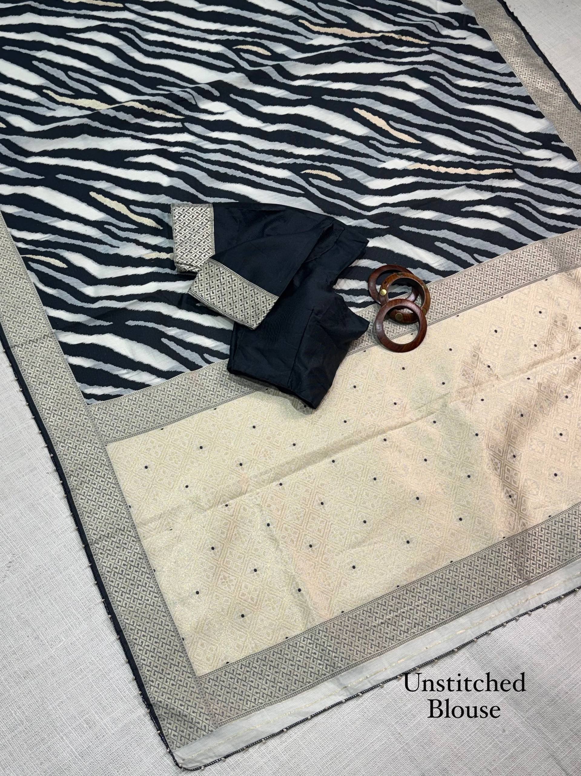 Black & White Turkish Zebra Saree with Zari & Thread Weaving and Pearl Border