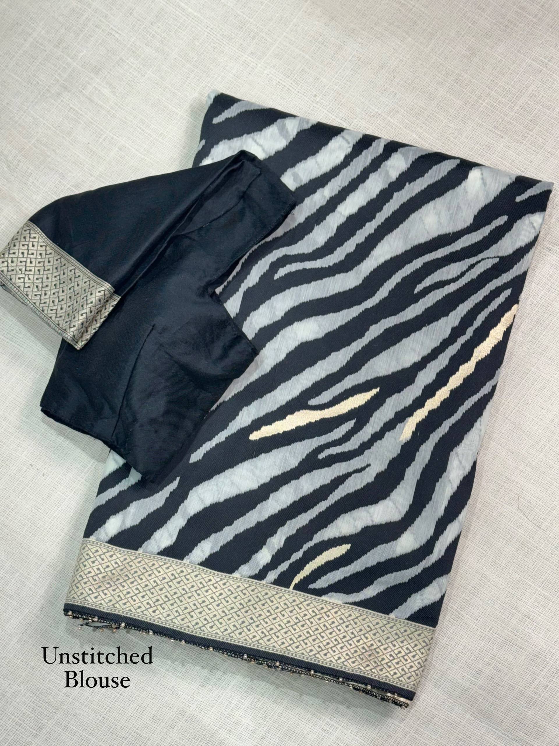 Black & White Turkish Zebra Saree with Zari & Thread Weaving and Pearl Border