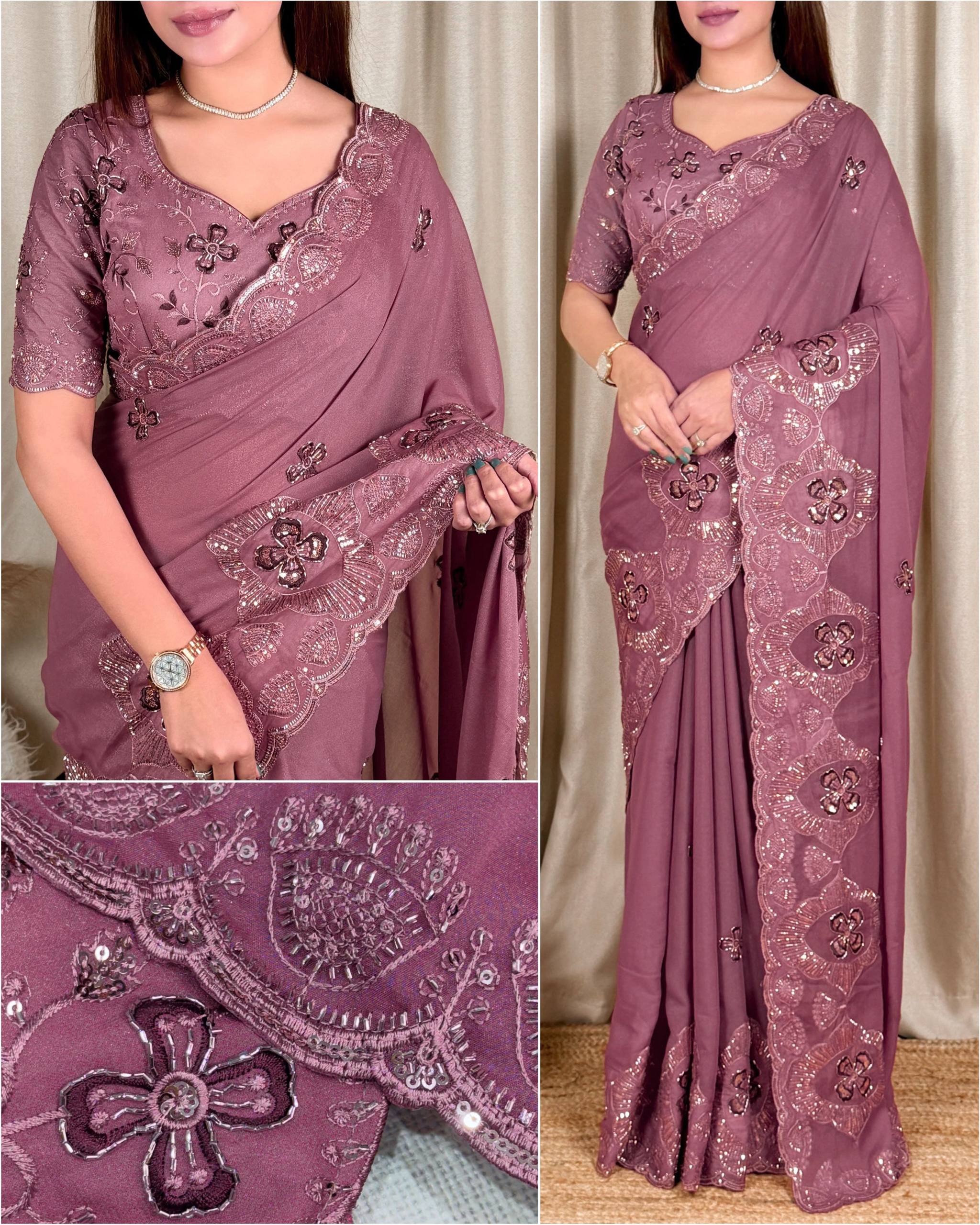 Dusty Mauve Star Georgette Saree with Sequins & Beads Embroidery