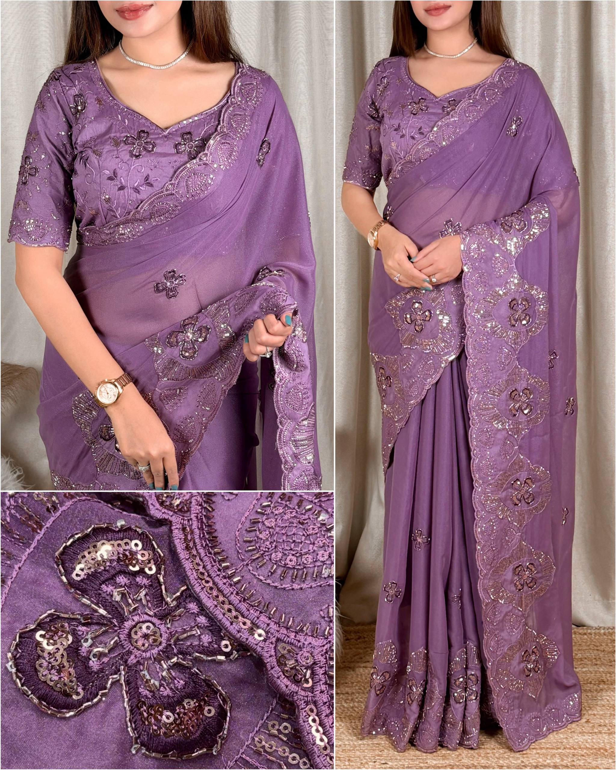 Lavender Purple Star Georgette Saree with Sequins & Beads Embroidery