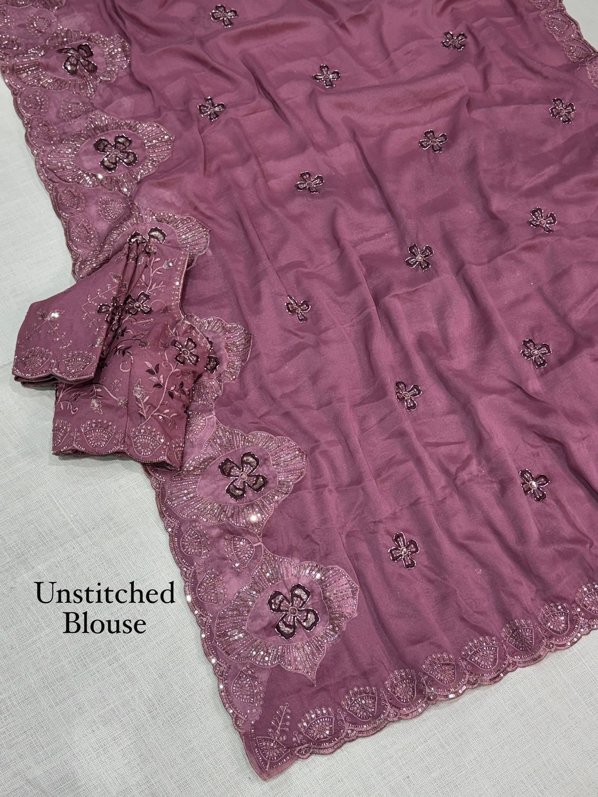 Dusty Mauve Star Georgette Saree with Sequins & Beads Embroidery