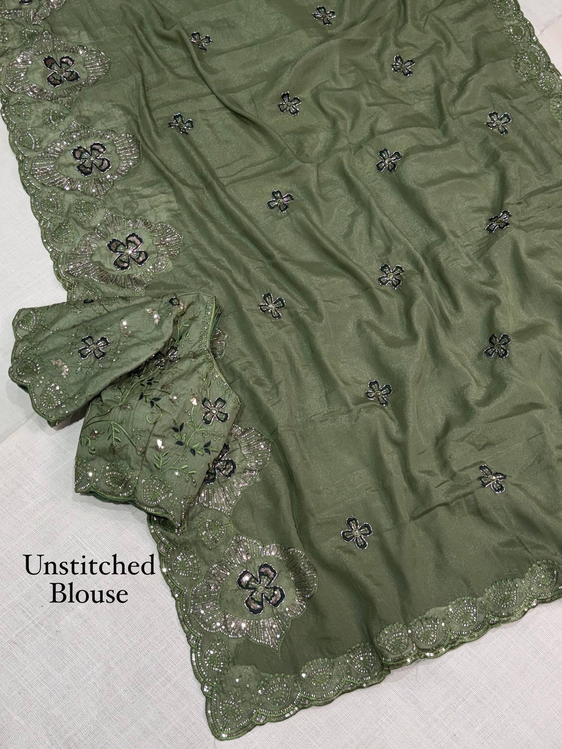 Olive Green Star Georgette Saree with Sequins & Beads Embroidery