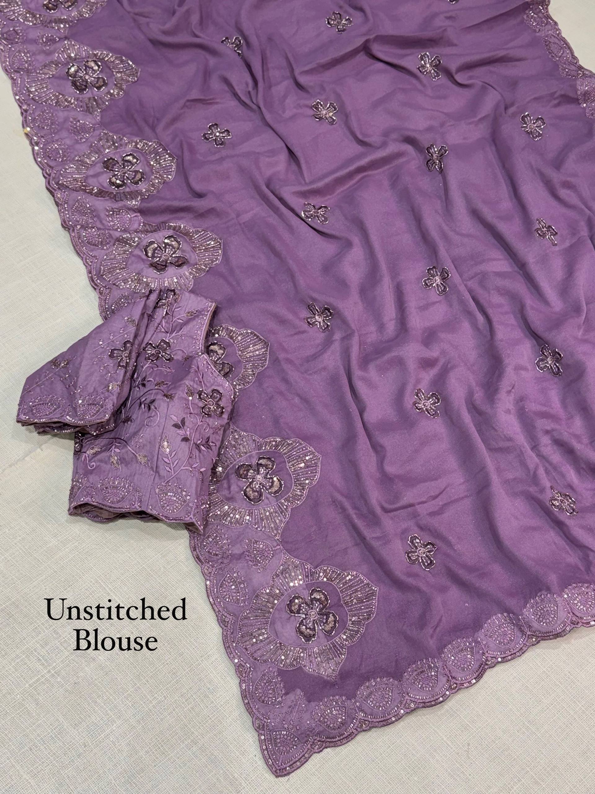 Lavender Purple Star Georgette Saree with Sequins & Beads Embroidery