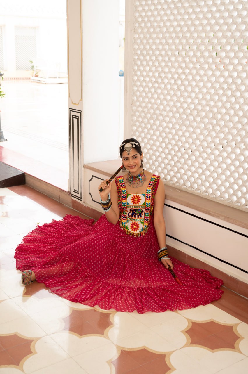 Maroon Bandhani Gujarati Patchwork Navratri Gown