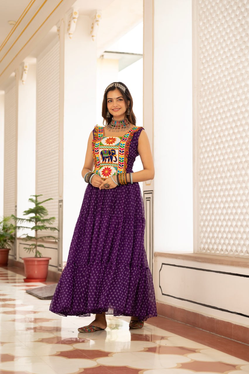 Purple Bandhani Kutchi Patchwork Navratri Gown