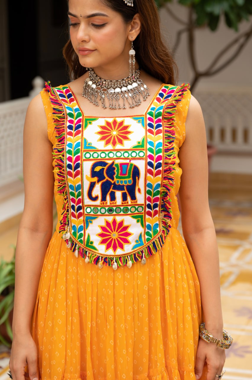 Mustard Yellow Bandhani Kutchi Patchwork Navratri Gown