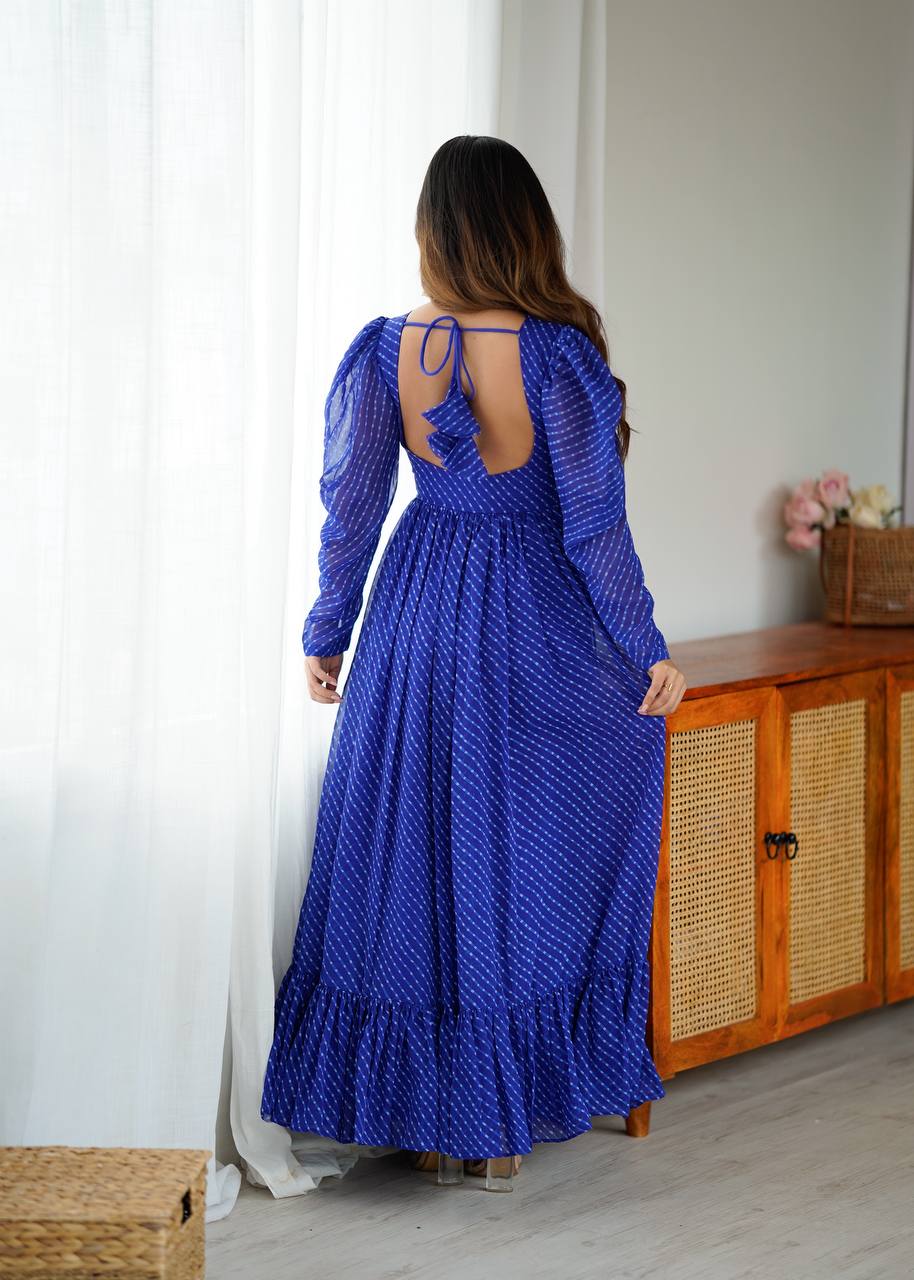 Royal Blue Georgette Digital Print Gown with Chain-Stitch Work & Tassels