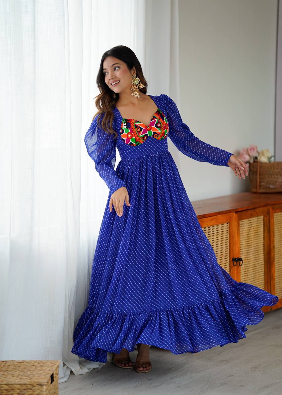 Royal Blue Georgette Digital Print Gown with Chain-Stitch Work & Tassels