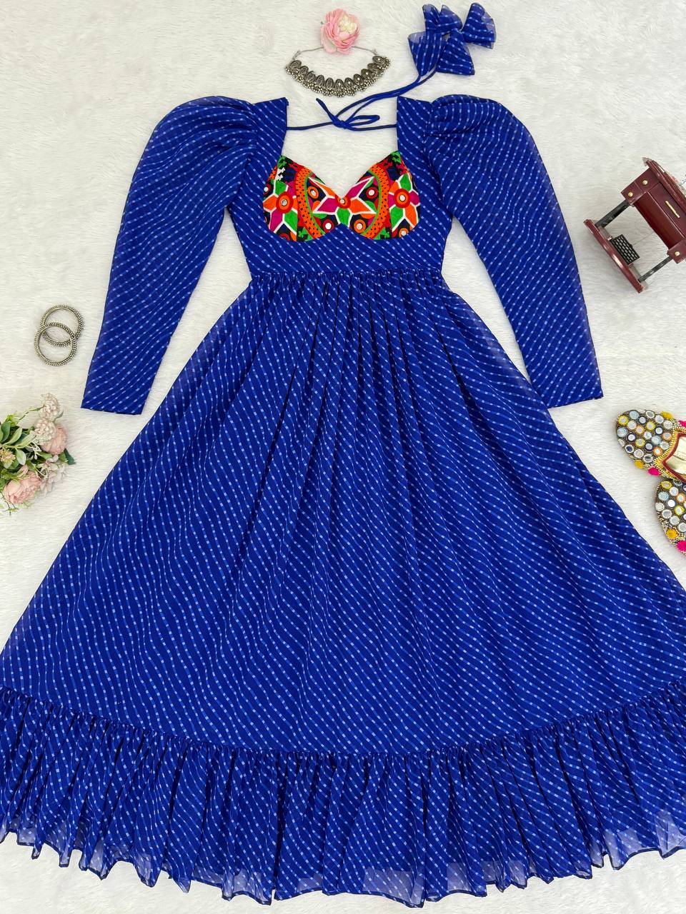 Royal Blue Georgette Digital Print Gown with Chain-Stitch Work & Tassels