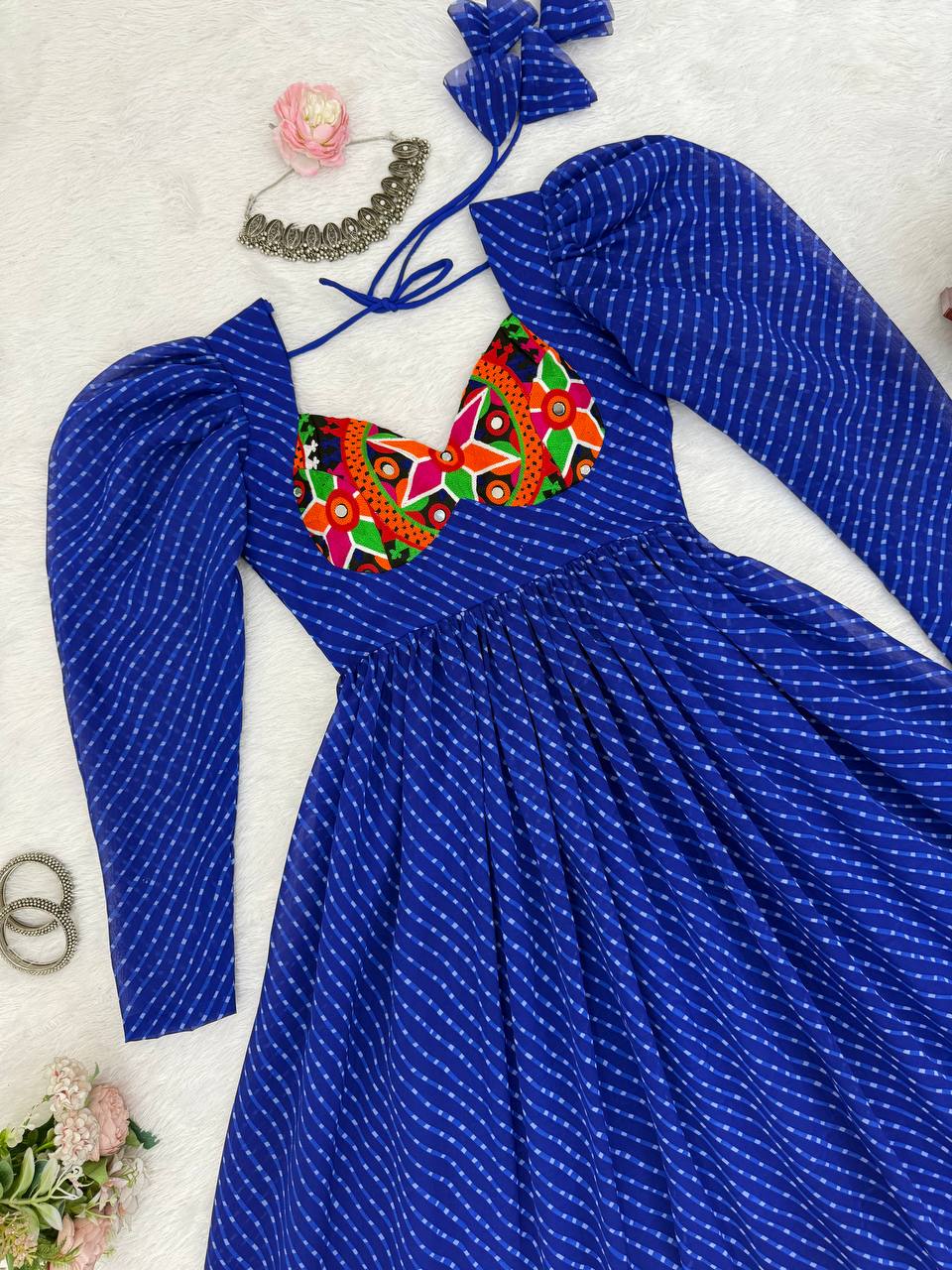 Royal Blue Georgette Digital Print Gown with Chain-Stitch Work & Tassels