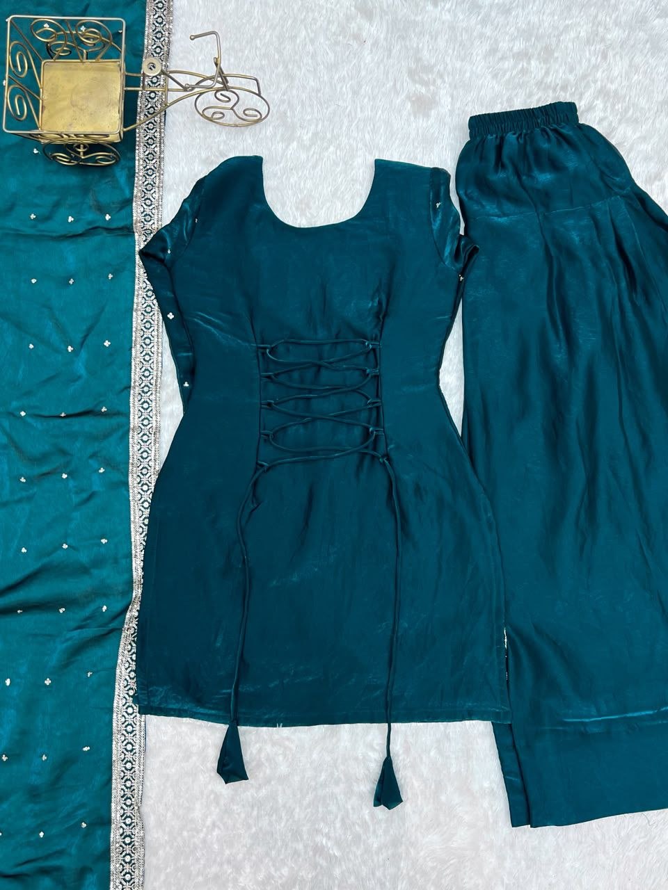 Teal Fendy Silk Farshi Shalwar Suit Set with Embroidery, Sequin & Zari Work