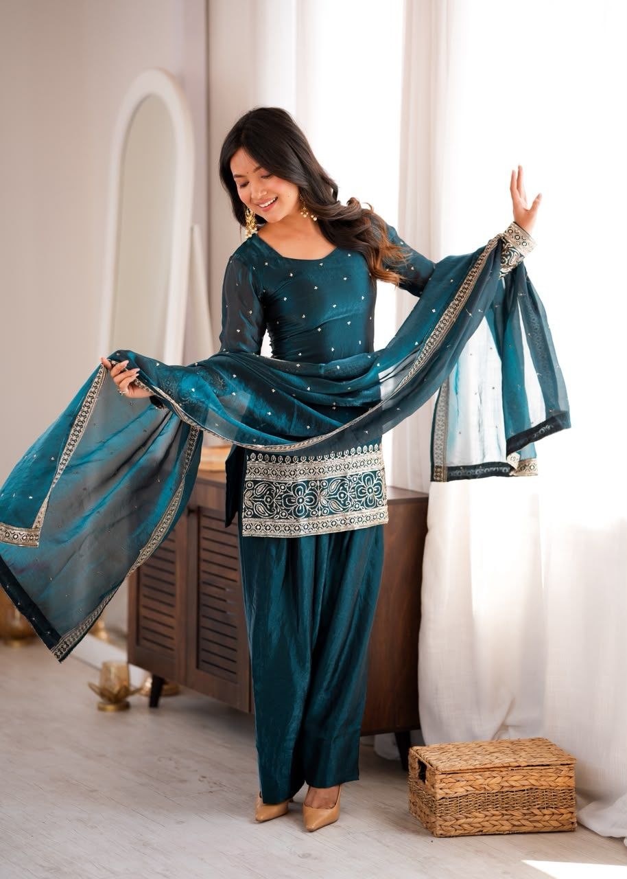 Teal Fendy Silk Farshi Shalwar Suit Set with Embroidery, Sequin & Zari Work
