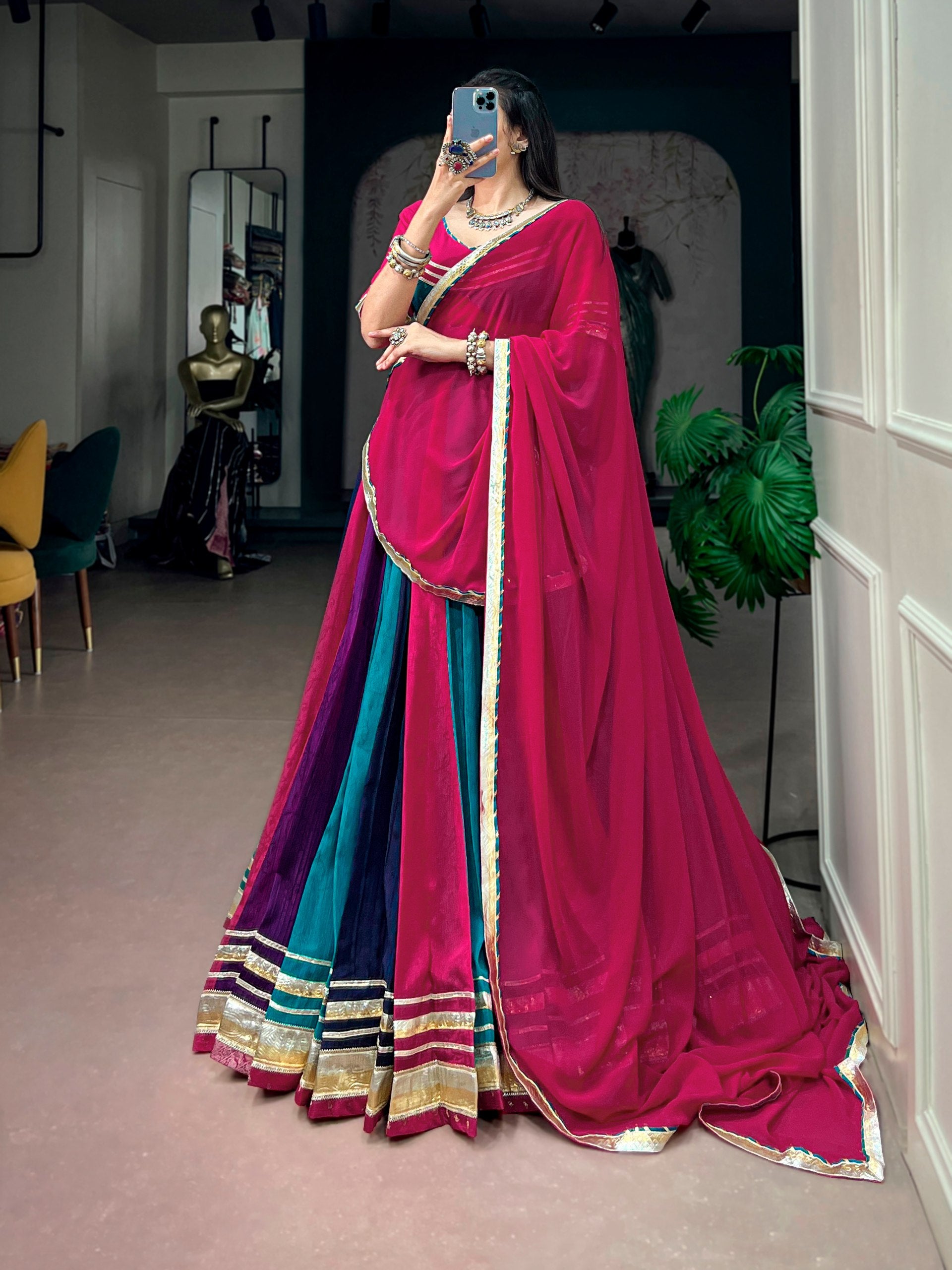 Rani Pink Teal & Navy Blue Chinon Navratri Lehenga Choli Set with Dupatta