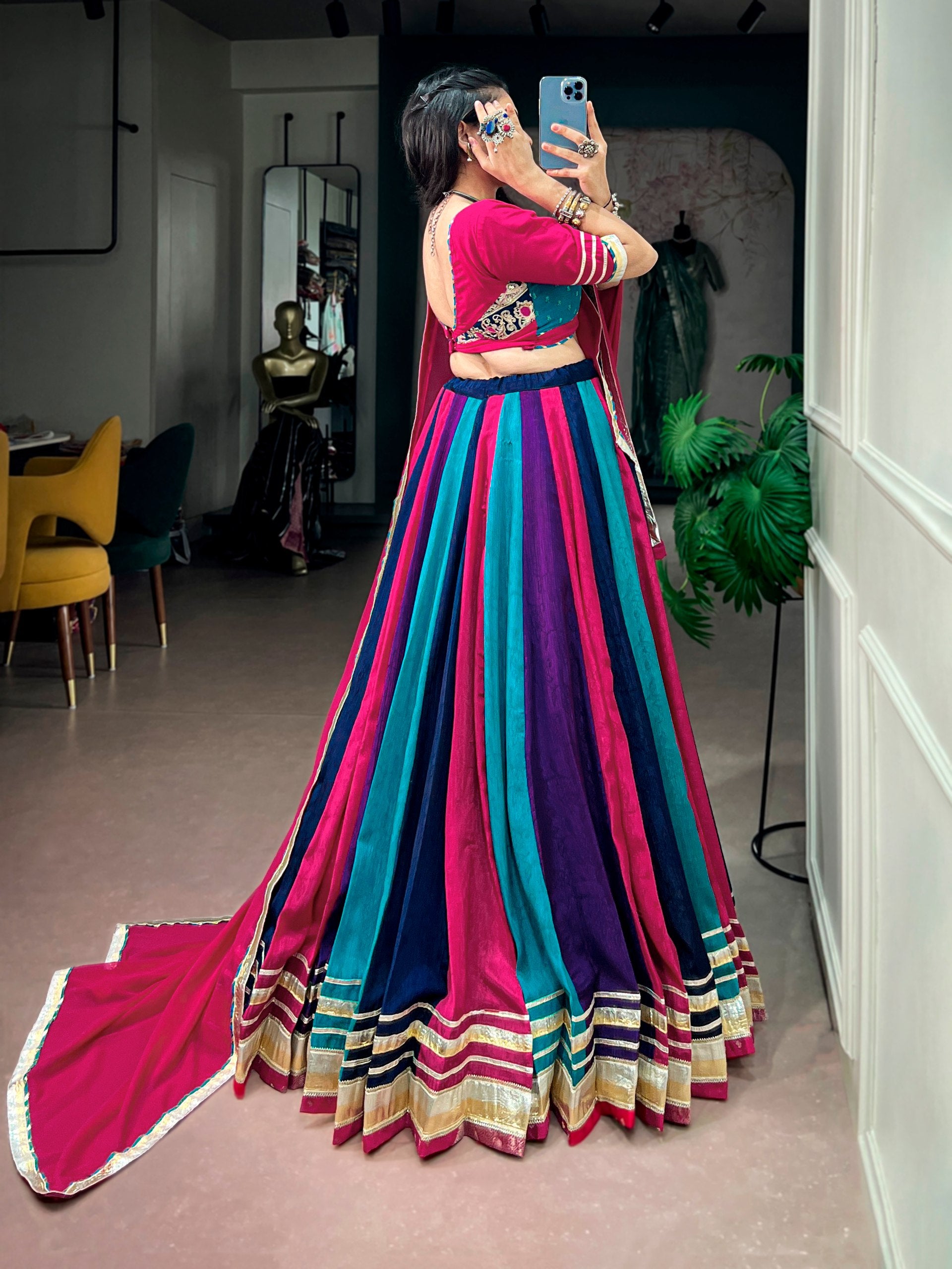 Rani Pink Teal & Navy Blue Chinon Navratri Lehenga Choli Set with Dupatta