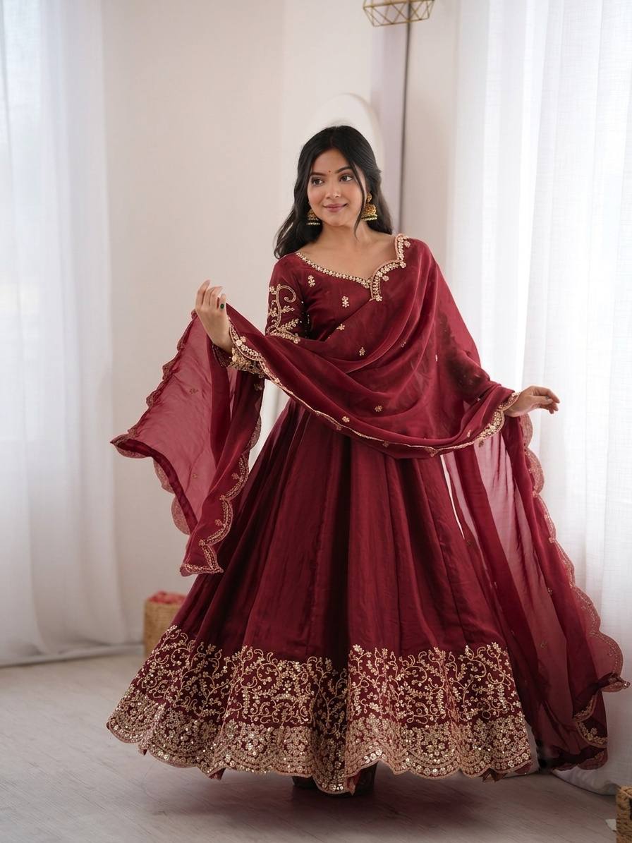 Maroon Fendy Silk Embroidered Anarkali Gown Set with Dupatta