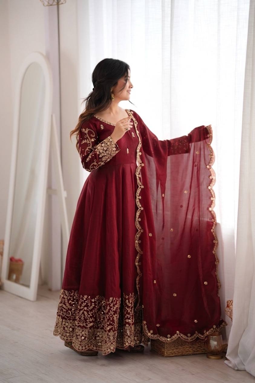 Maroon Fendy Silk Embroidered Anarkali Gown Set with Dupatta