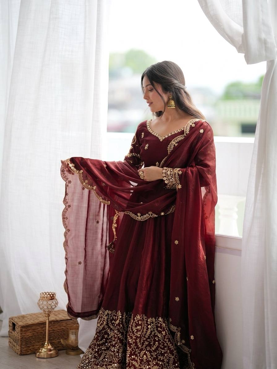 Maroon Fendy Silk Embroidered Anarkali Gown Set with Dupatta