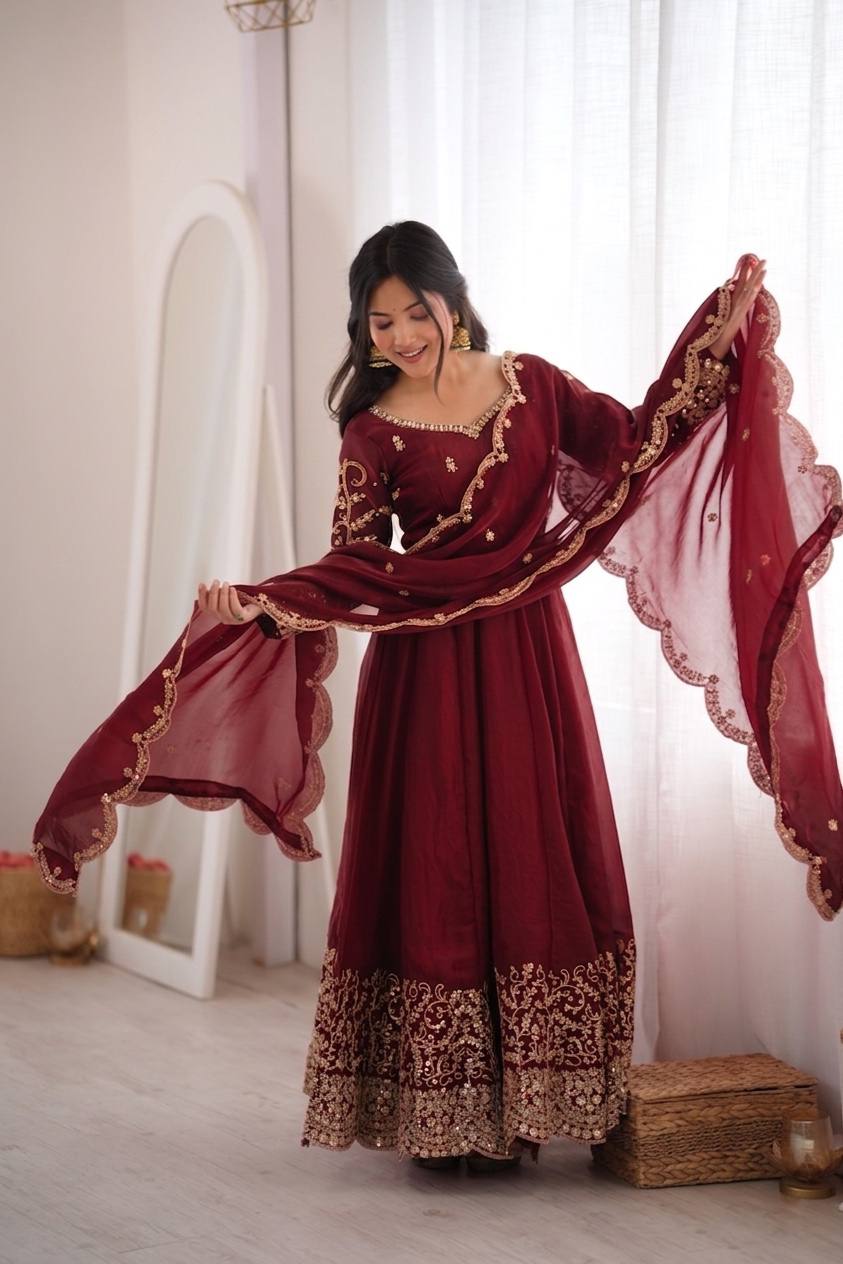 Maroon Fendy Silk Embroidered Anarkali Gown Set with Dupatta