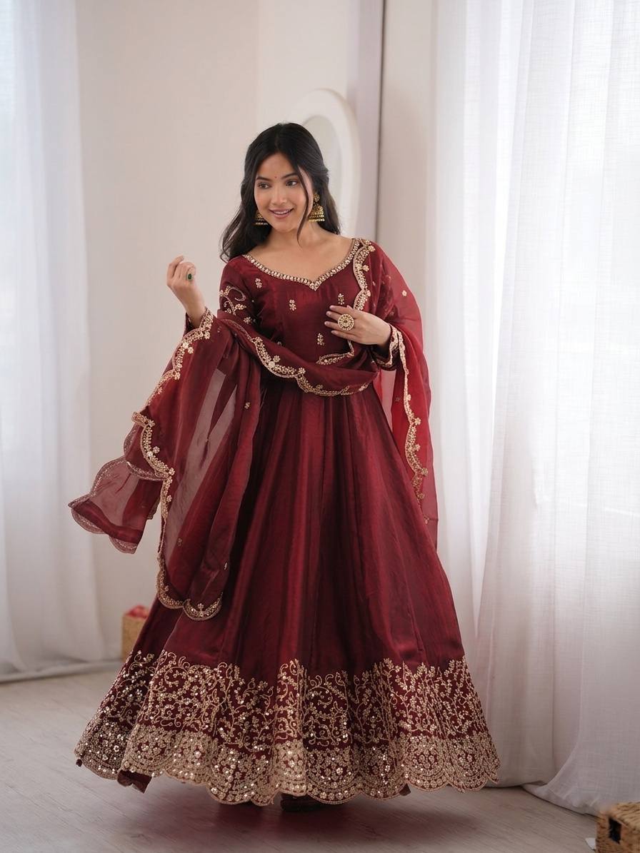 Maroon Fendy Silk Embroidered Anarkali Gown Set with Dupatta