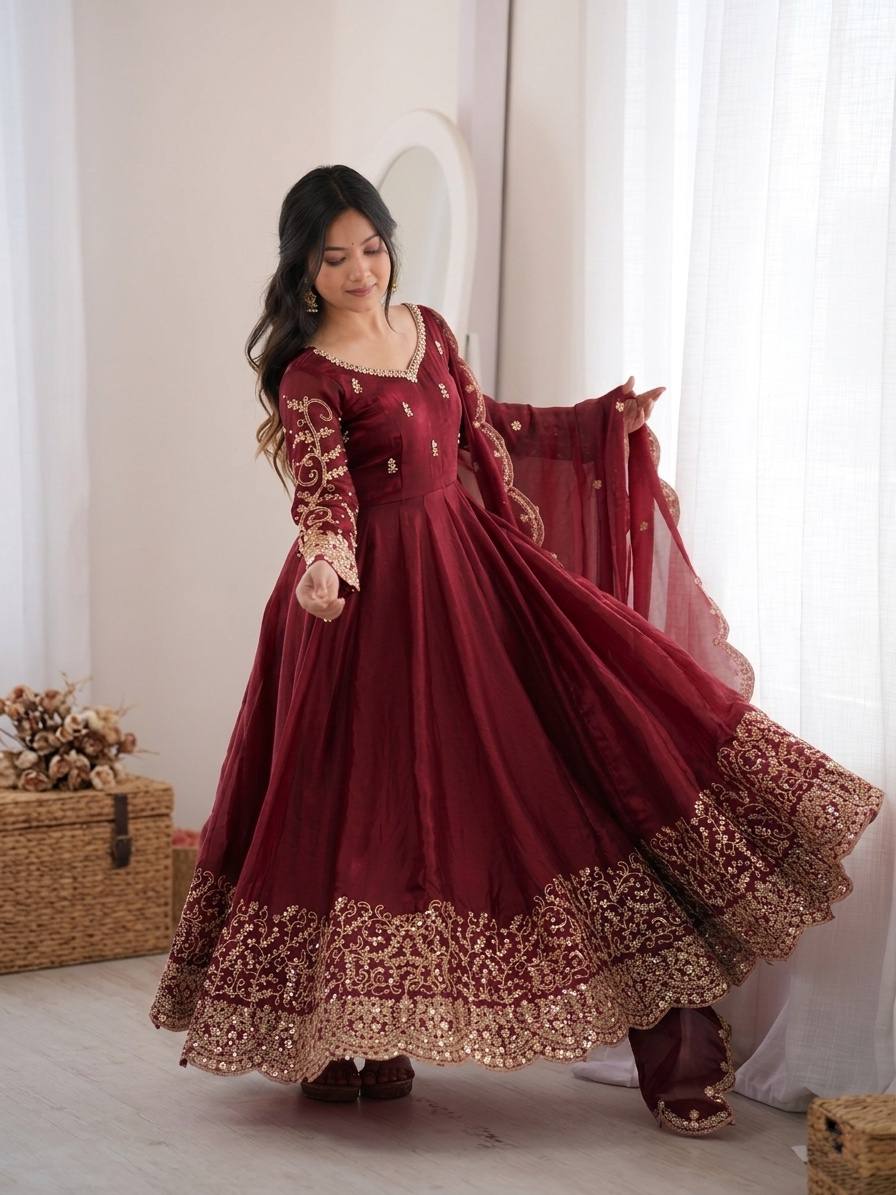 Maroon Fendy Silk Embroidered Anarkali Gown Set with Dupatta