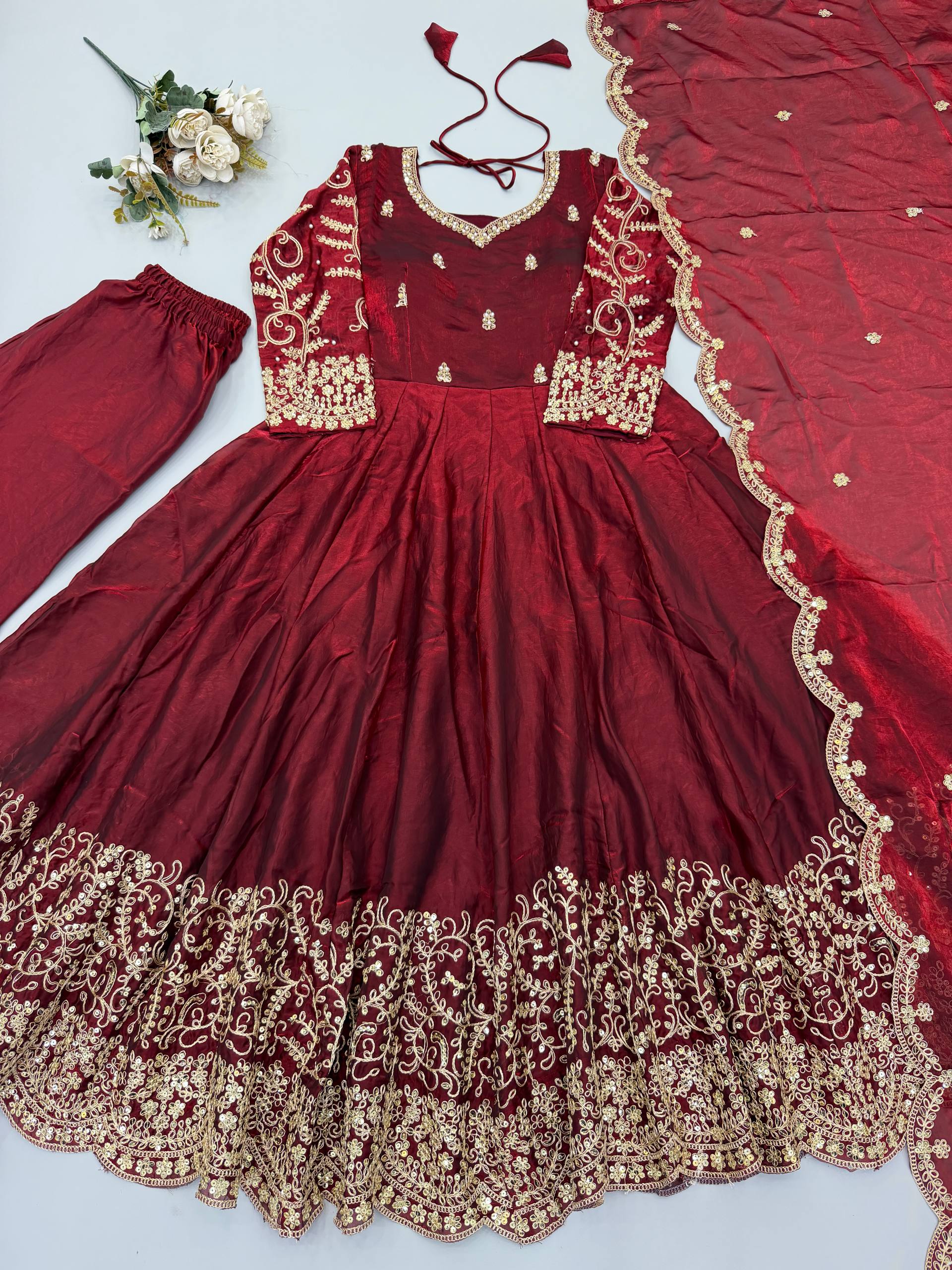 Maroon Fendy Silk Embroidered Anarkali Gown Set with Dupatta
