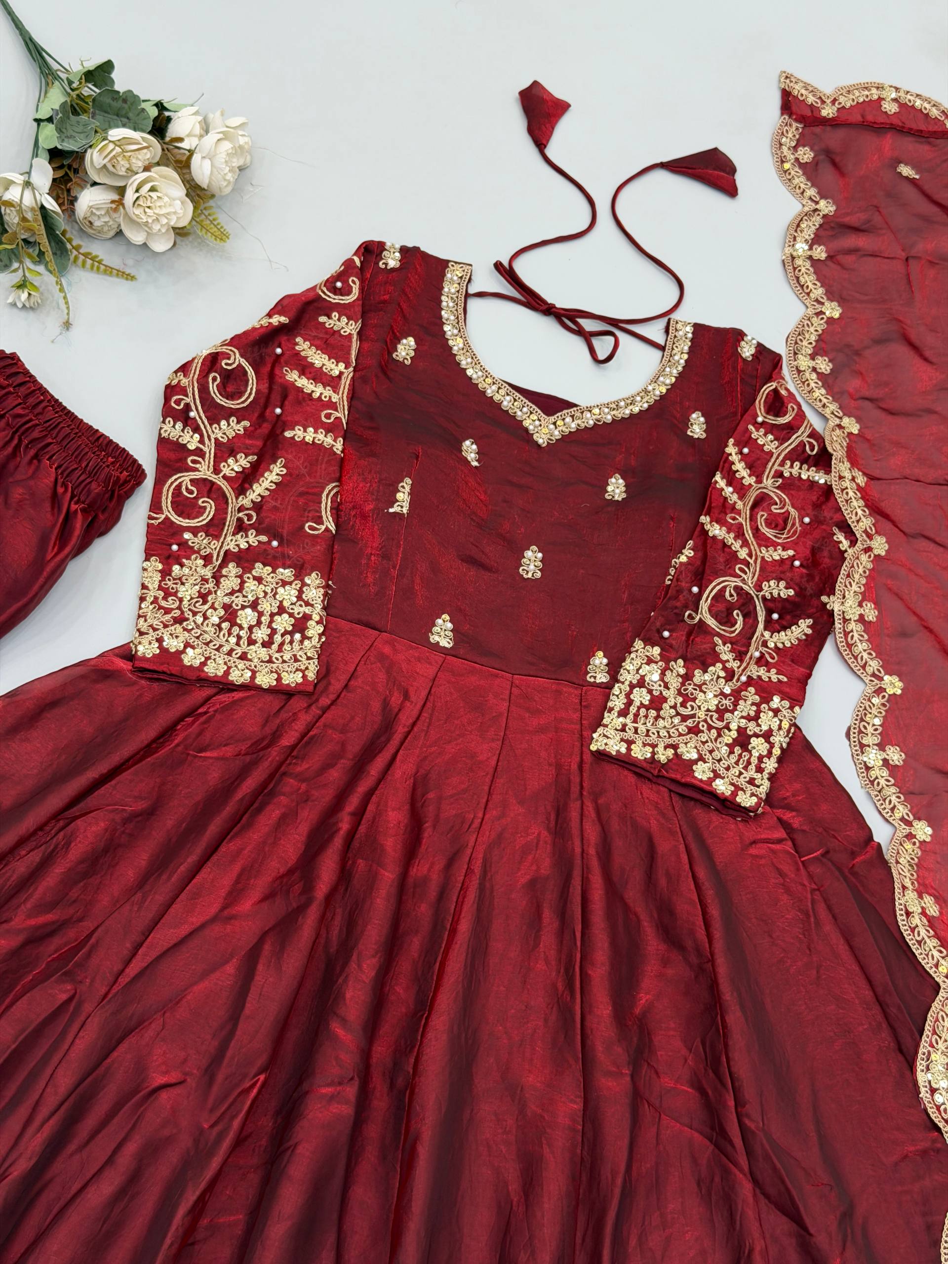 Maroon Fendy Silk Embroidered Anarkali Gown Set with Dupatta