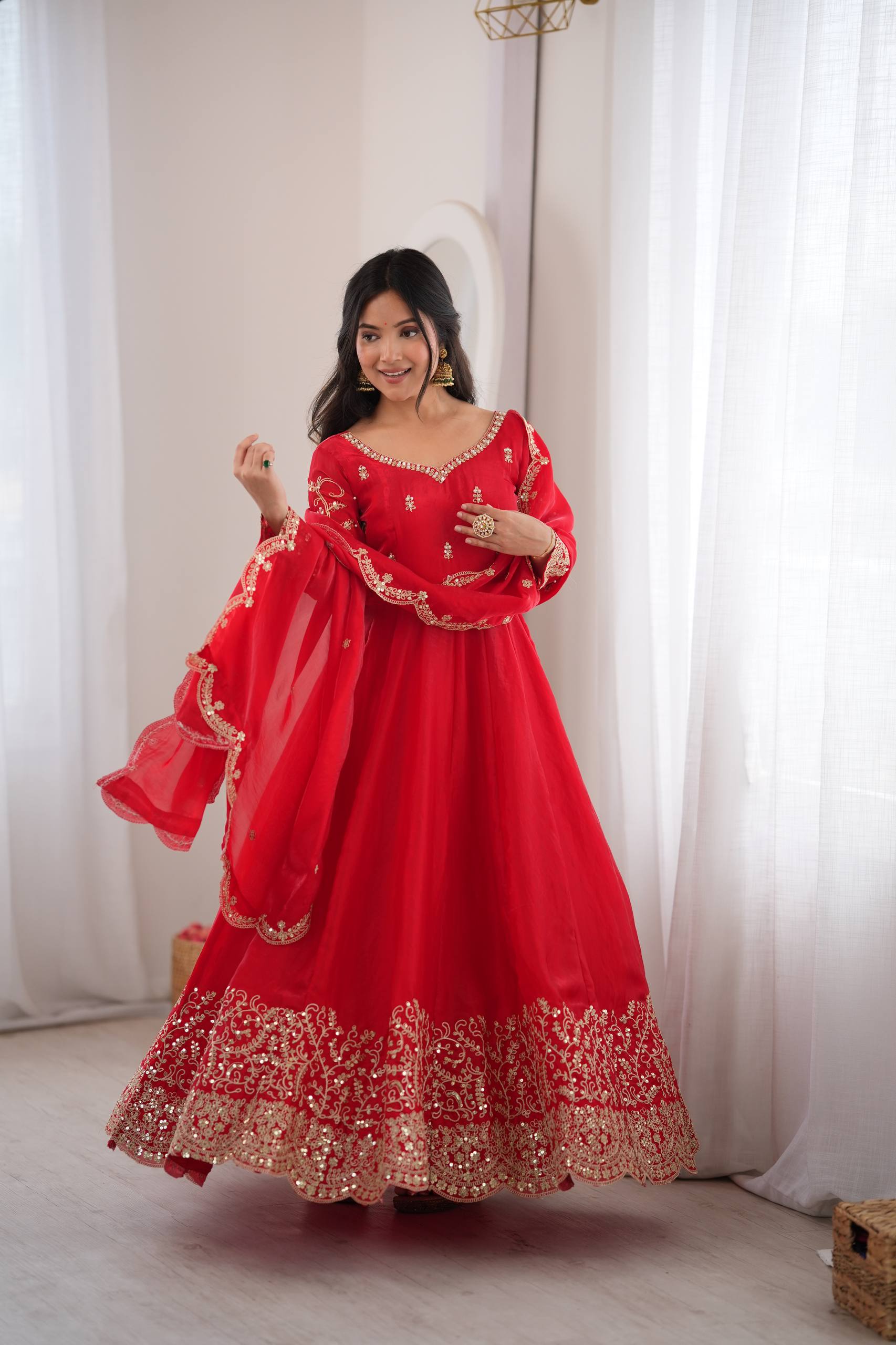 Red Fendy Silk Embroidered Anarkali Gown with Dupatta & Pant Set