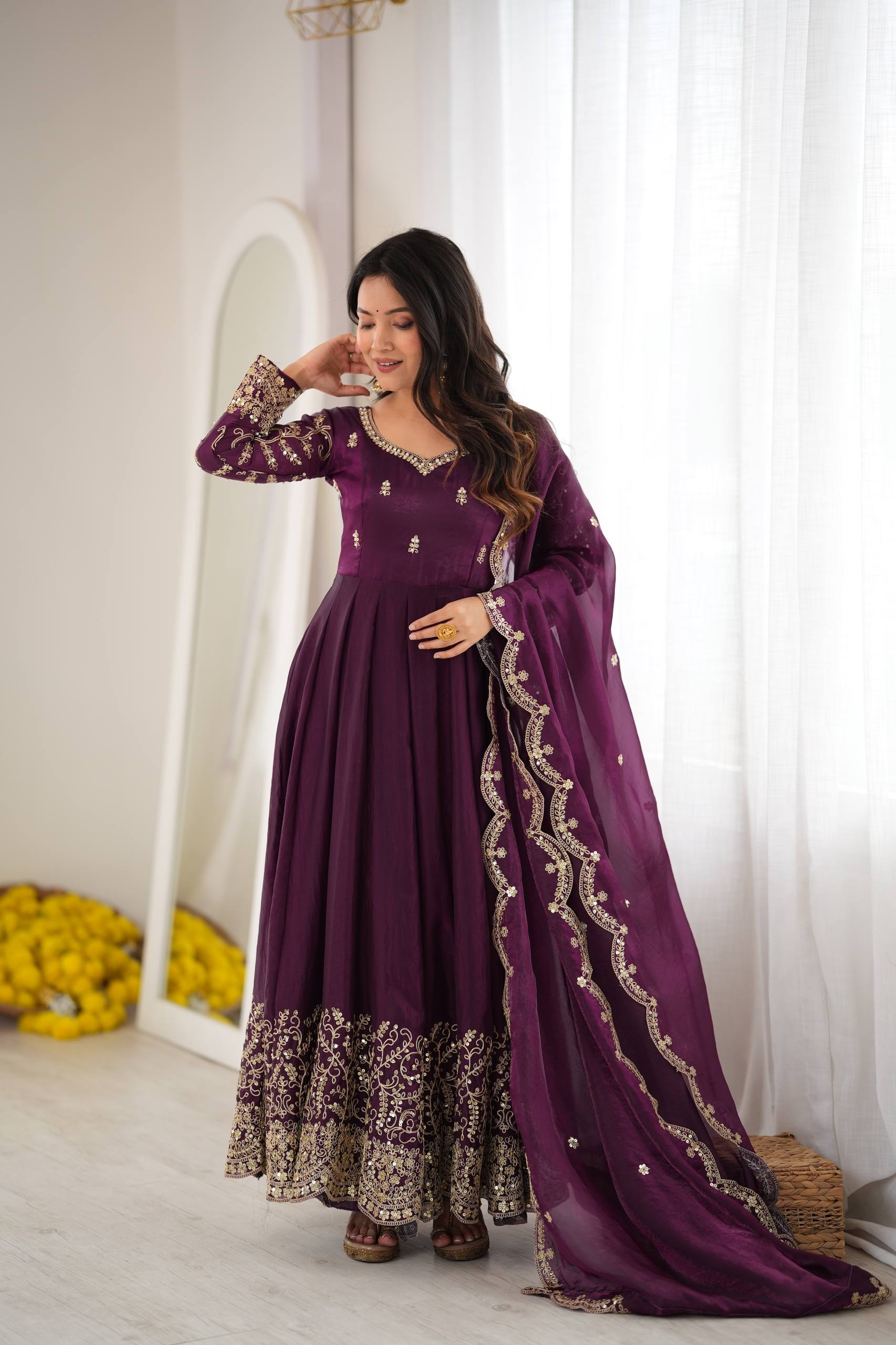 Purple Fendy Silk Embroidered Anarkali Gown with Dupatta & Pant Set