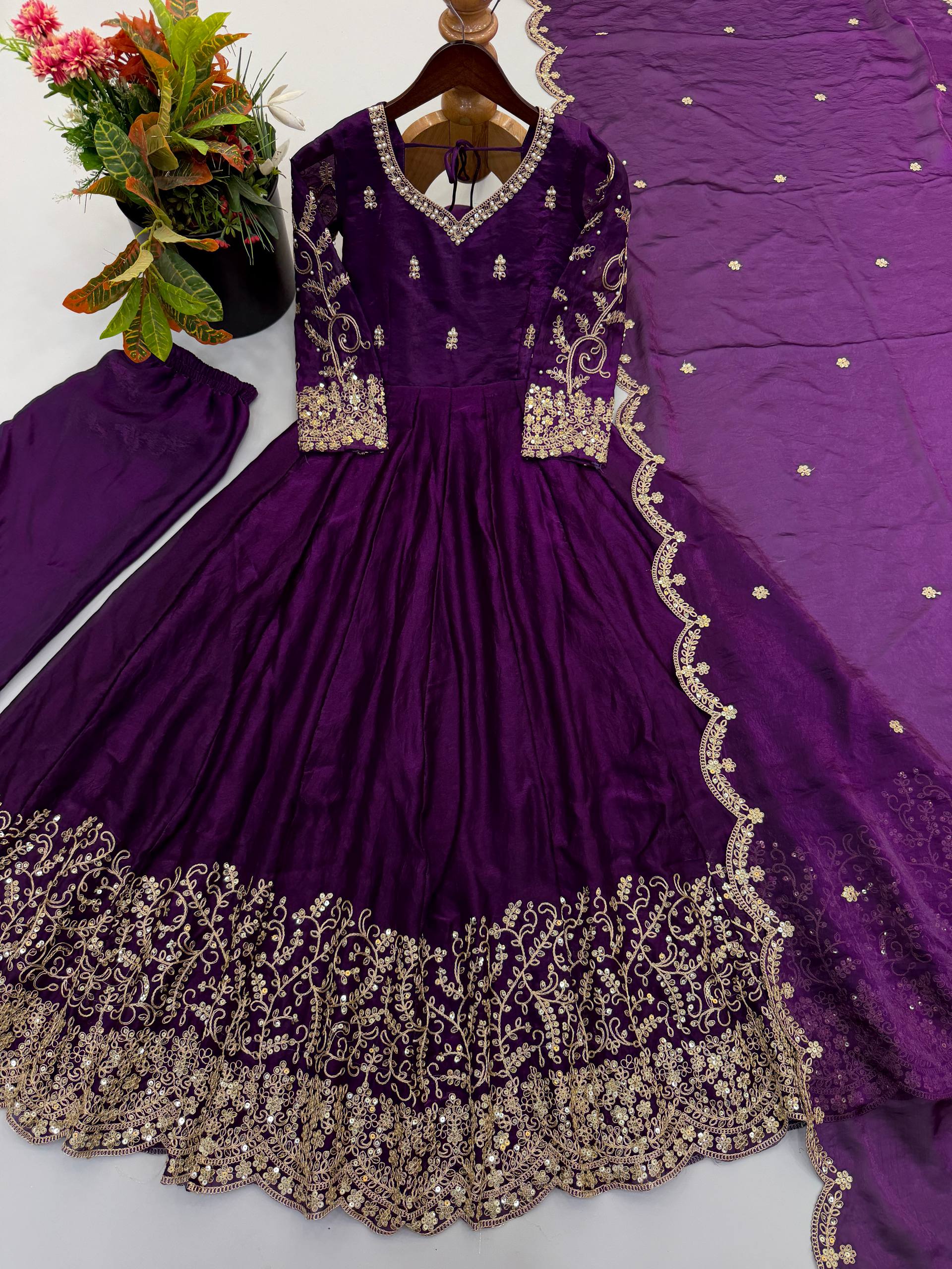 Purple Fendy Silk Embroidered Anarkali Gown with Dupatta & Pant Set