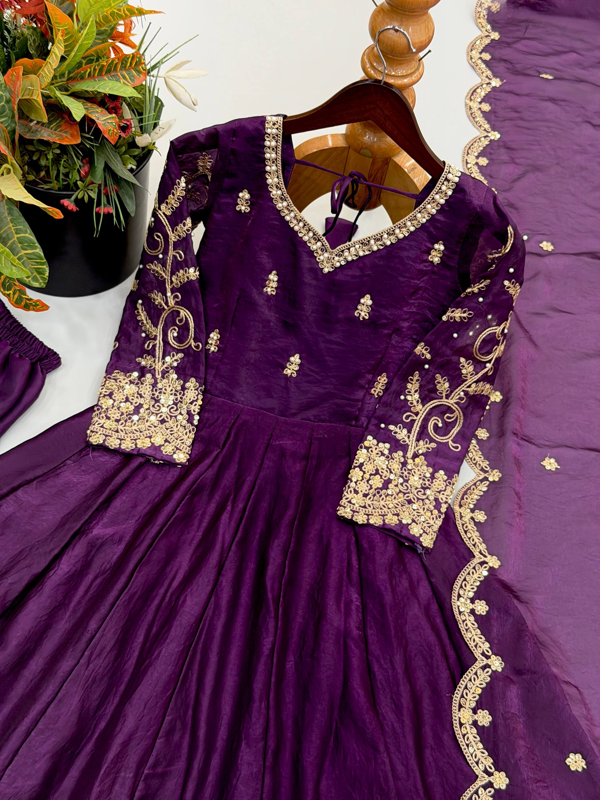 Purple Fendy Silk Embroidered Anarkali Gown with Dupatta & Pant Set