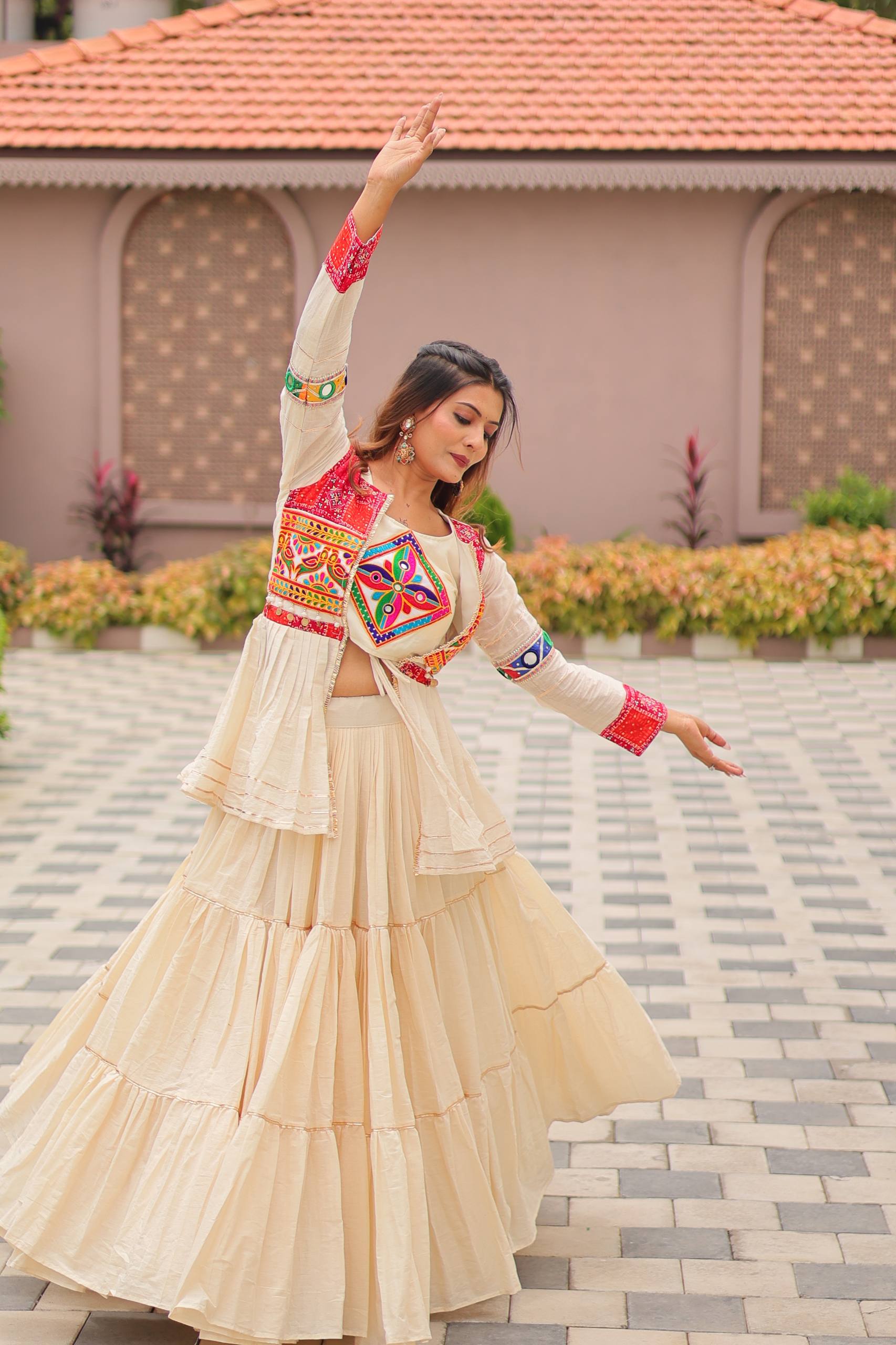 Ivory Cream Pure Cotton Gamthi Work Lehenga Choli with Koti