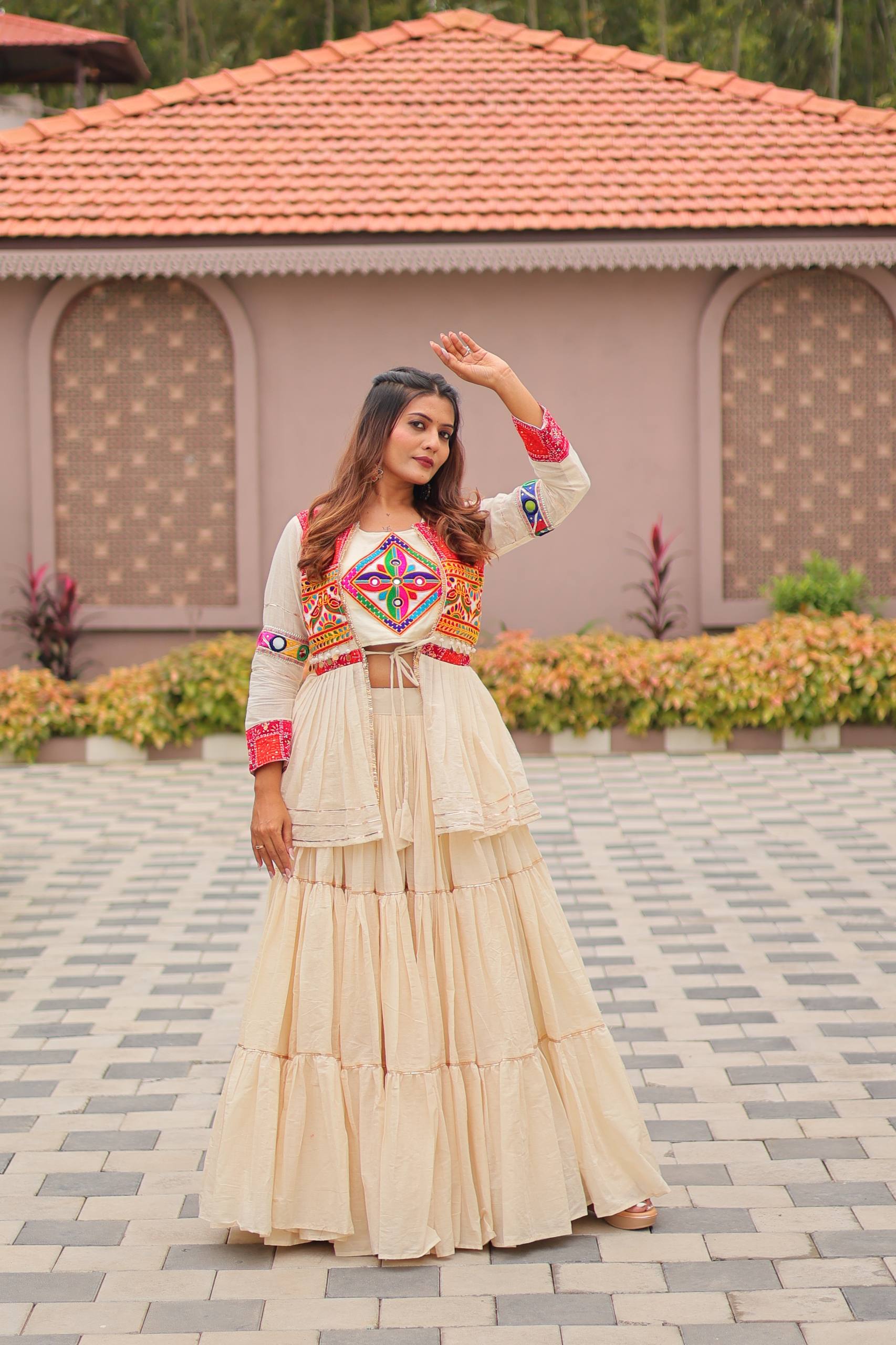 Ivory Cream Pure Cotton Gamthi Work Lehenga Choli with Koti