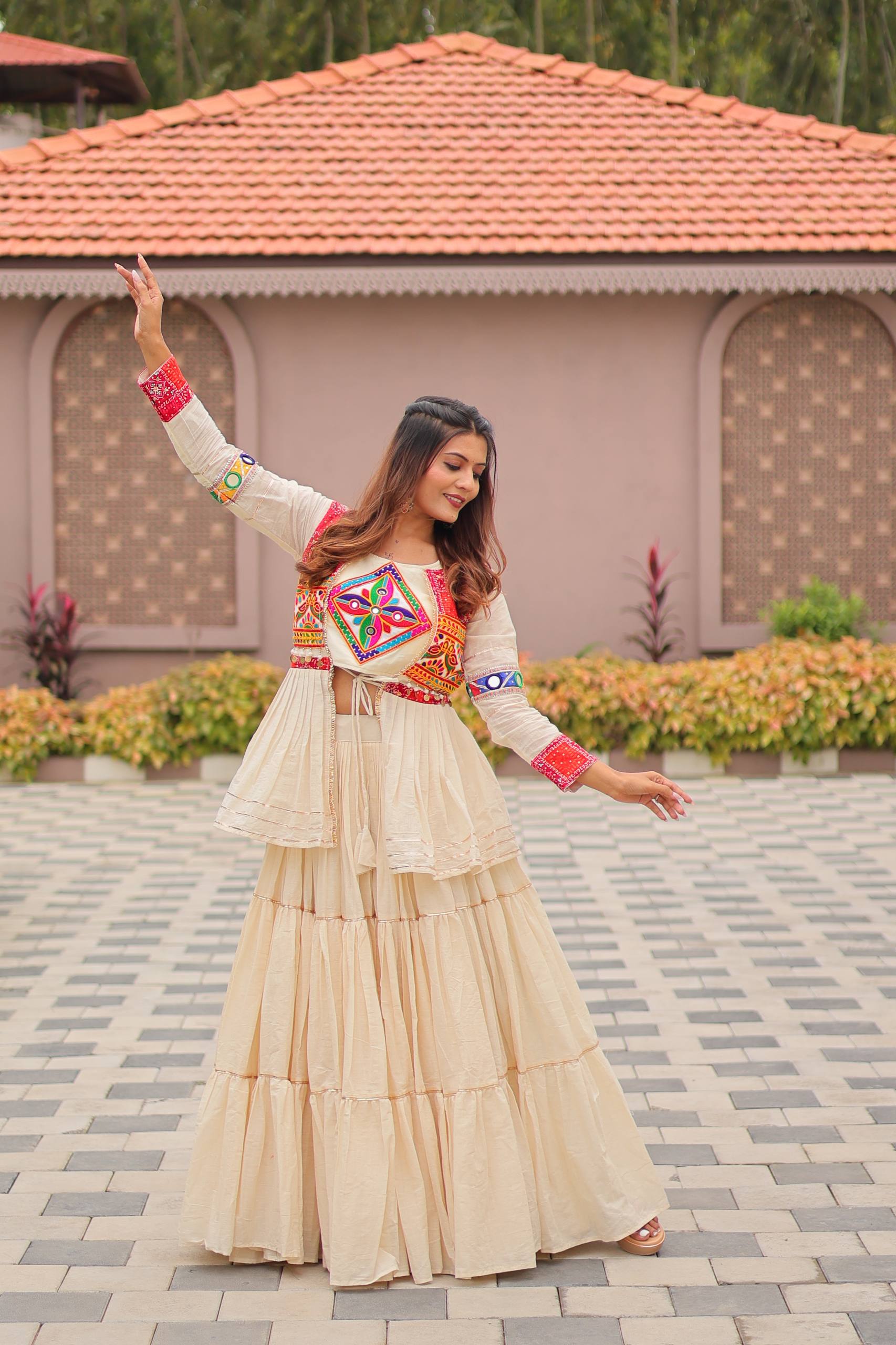 Ivory Cream Pure Cotton Gamthi Work Lehenga Choli with Koti