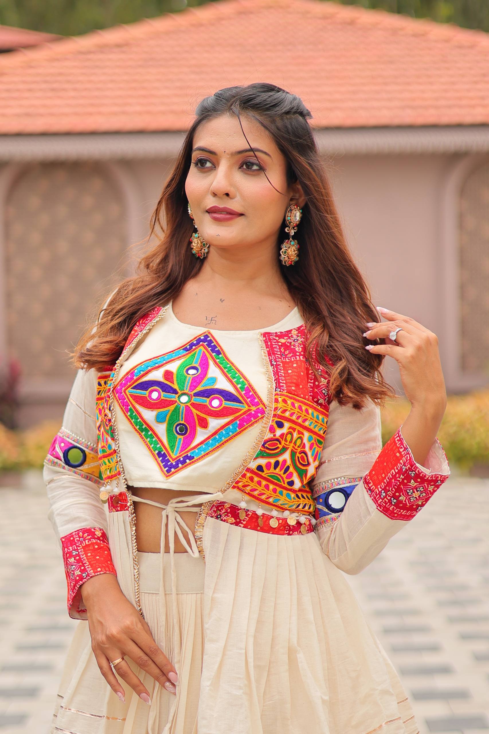 Ivory Cream Pure Cotton Gamthi Work Lehenga Choli with Koti