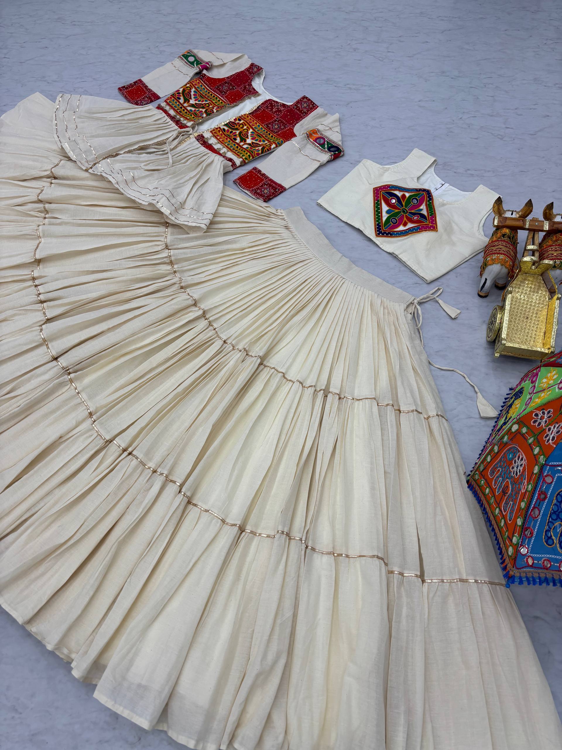 Ivory Cream Pure Cotton Gamthi Work Lehenga Choli with Koti