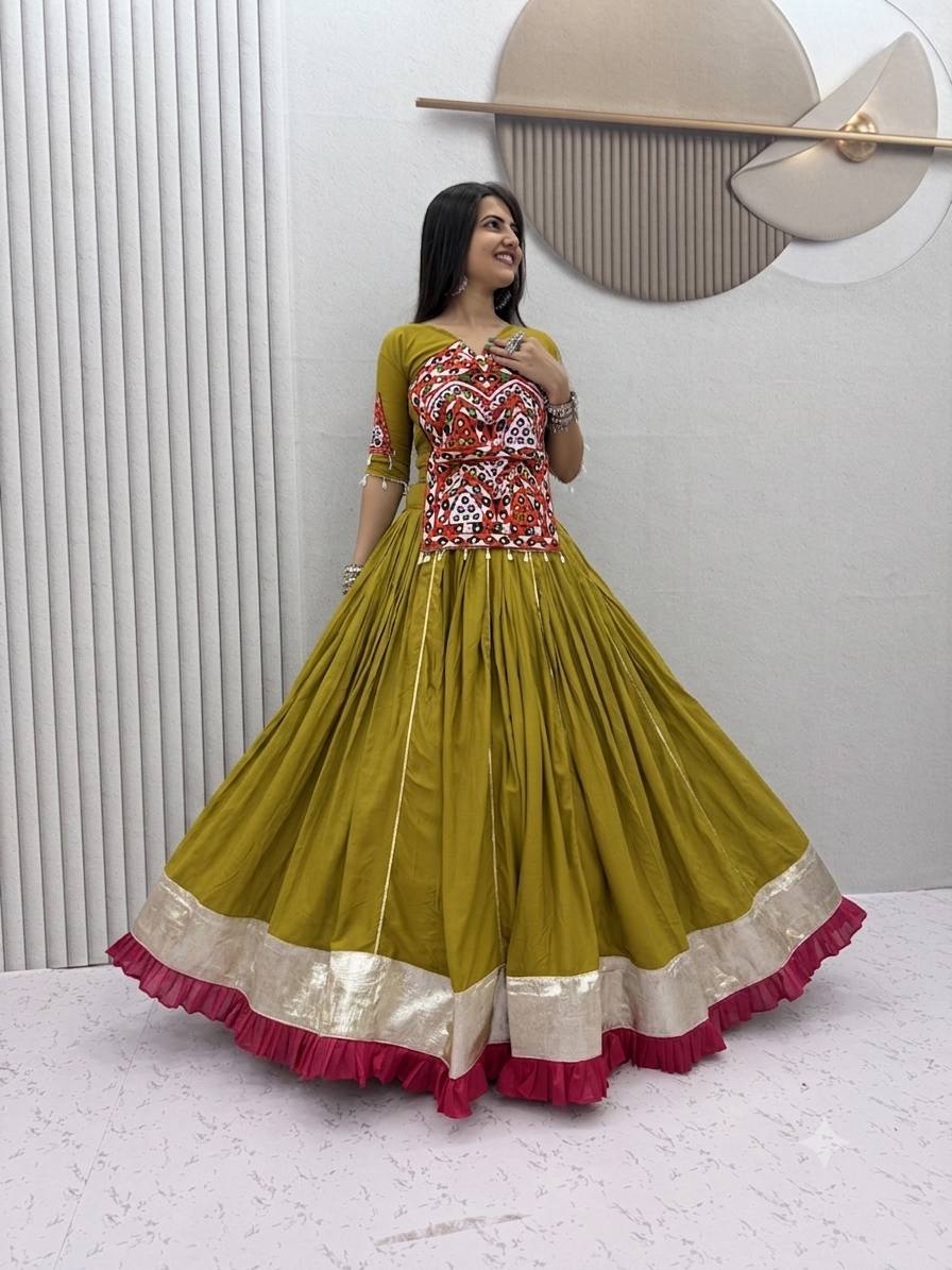 Olive Green Gamthi Mirror Work Cotton Lehenga Choli | Navratri Special